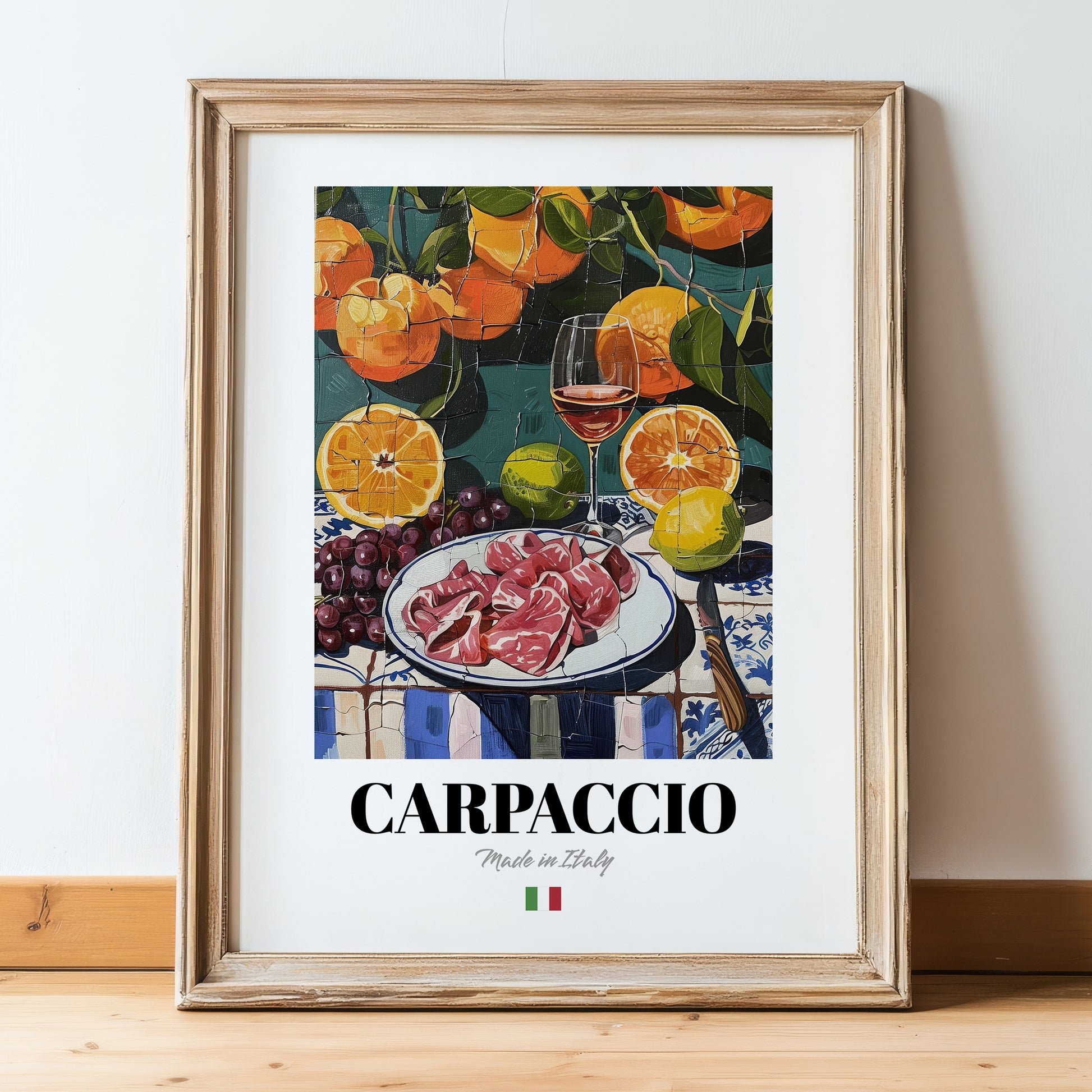 Carpaccio – Italian Meat Dish, Tavern Art, in wooden frame leaning on the floor