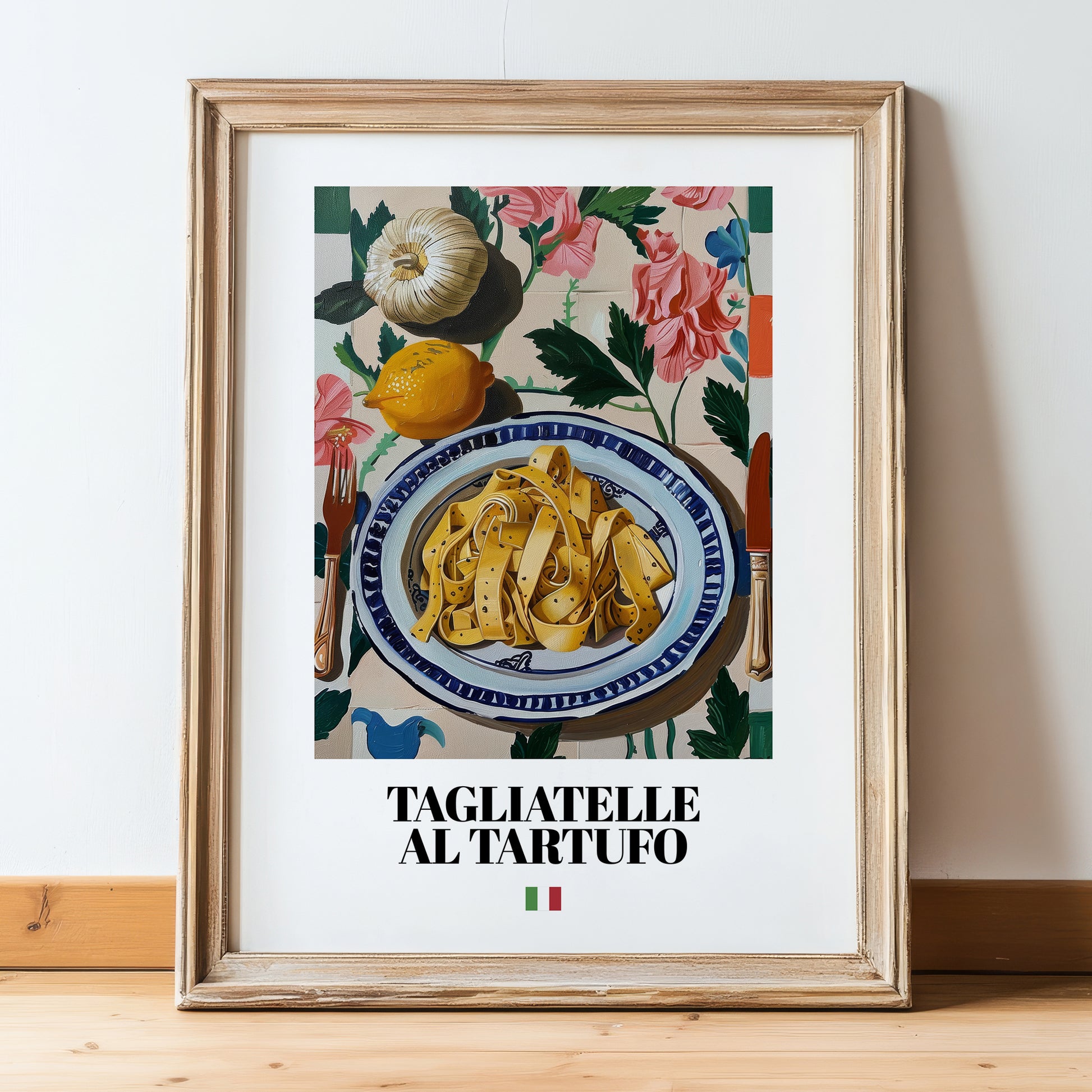 Tagliatelle al Tartufo – Italian Pasta, Ristorante Painting, in wooden frame leaning on the floor
