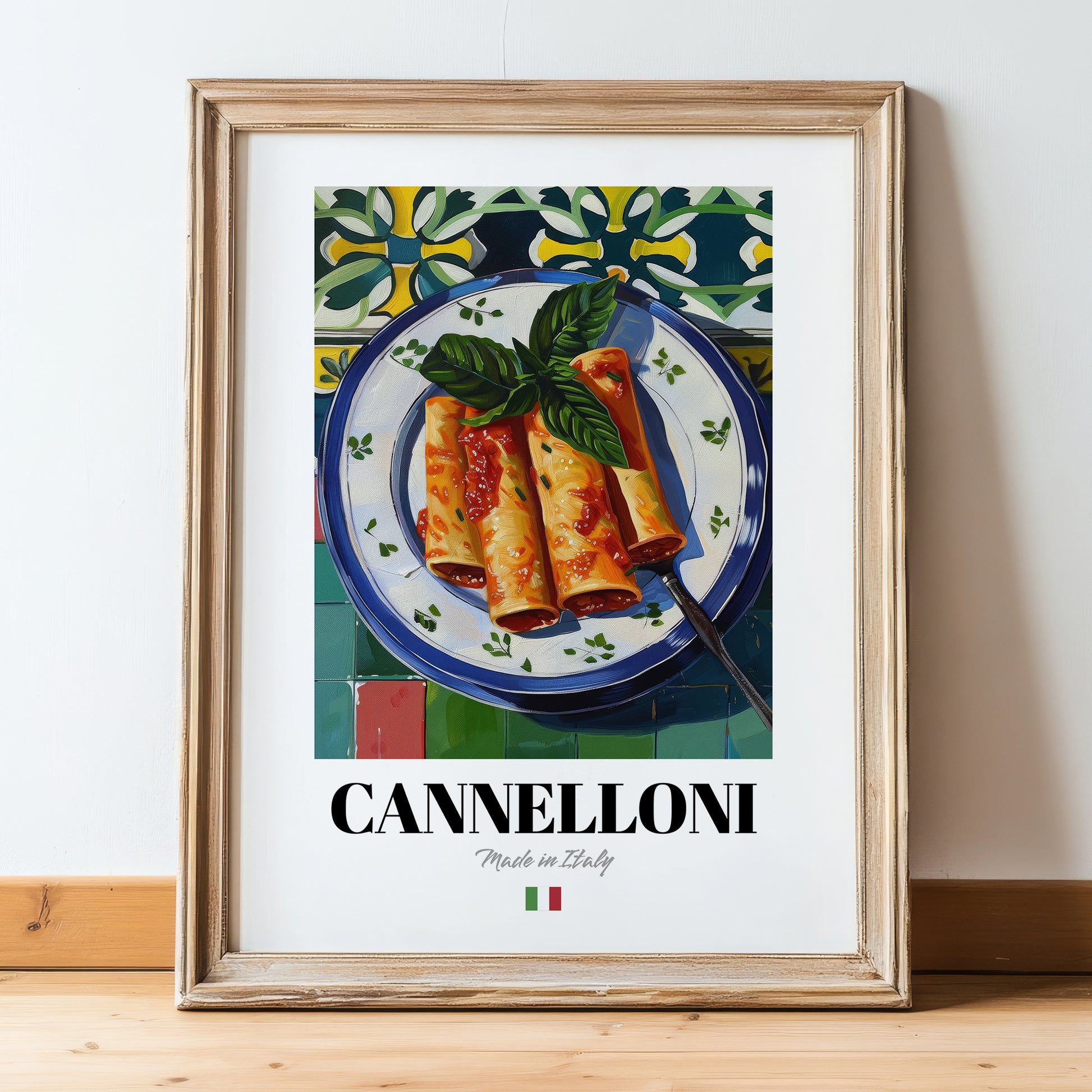 Cannelloni – Italian Pasta, Ristorante Print, in wooden frame leaning on the floor