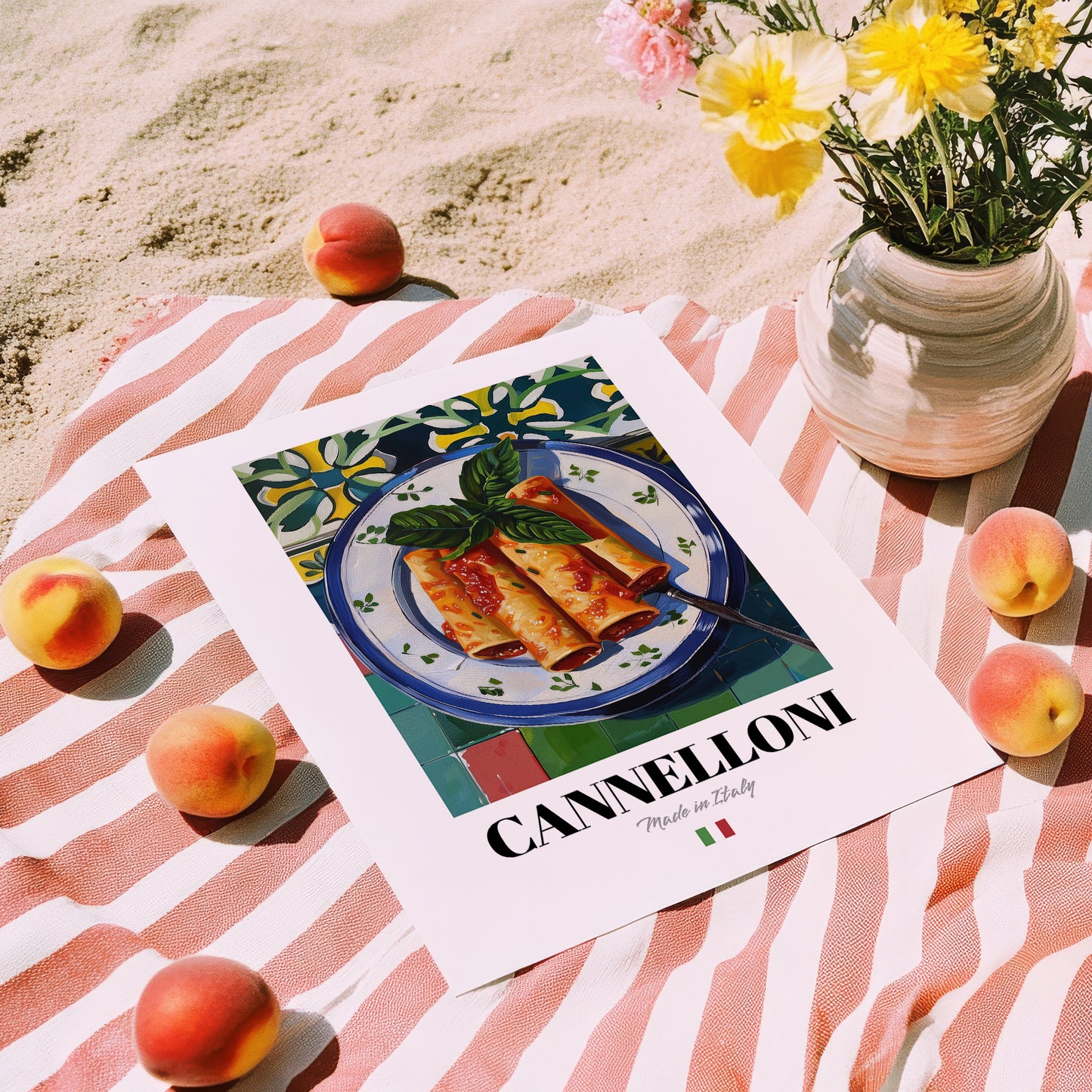 Cannelloni – Italian Pasta, Ristorante Print, unframed on coastal sand