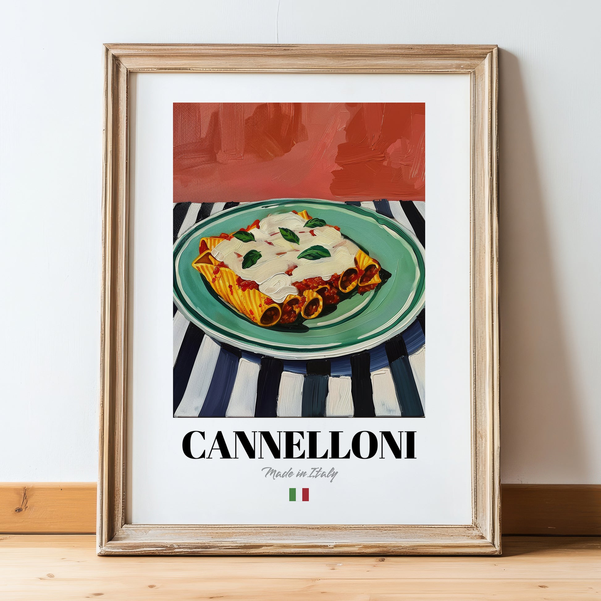 Cannelloni – Italian Pasta, Ristorante Illustration, in wooden frame leaning on the floor
