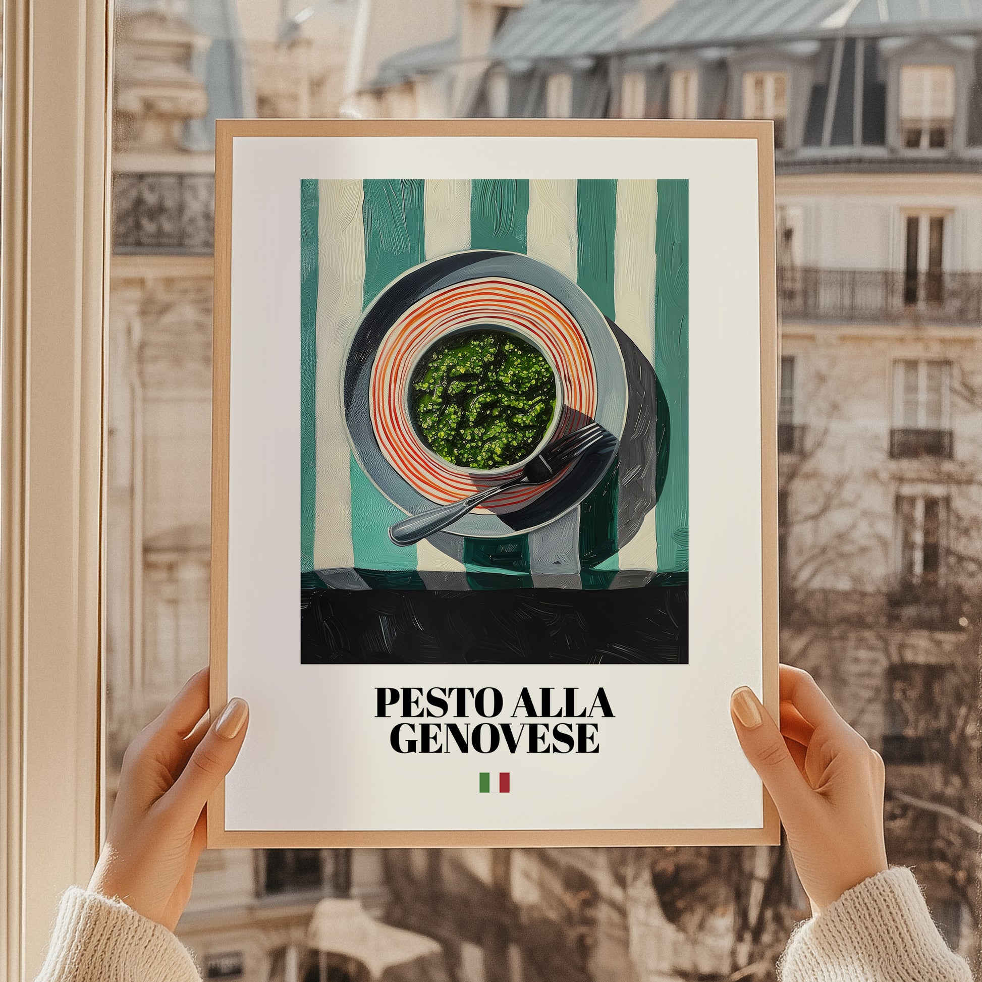Pesto alla Genovese – Italian Pasta, Ristorante Painting, styled in a charming Paris street view