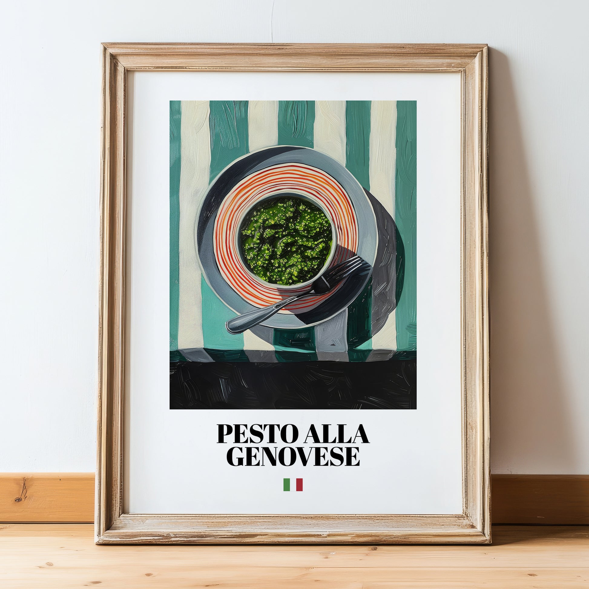 Pesto alla Genovese – Italian Pasta, Ristorante Painting, in wooden frame leaning on the floor