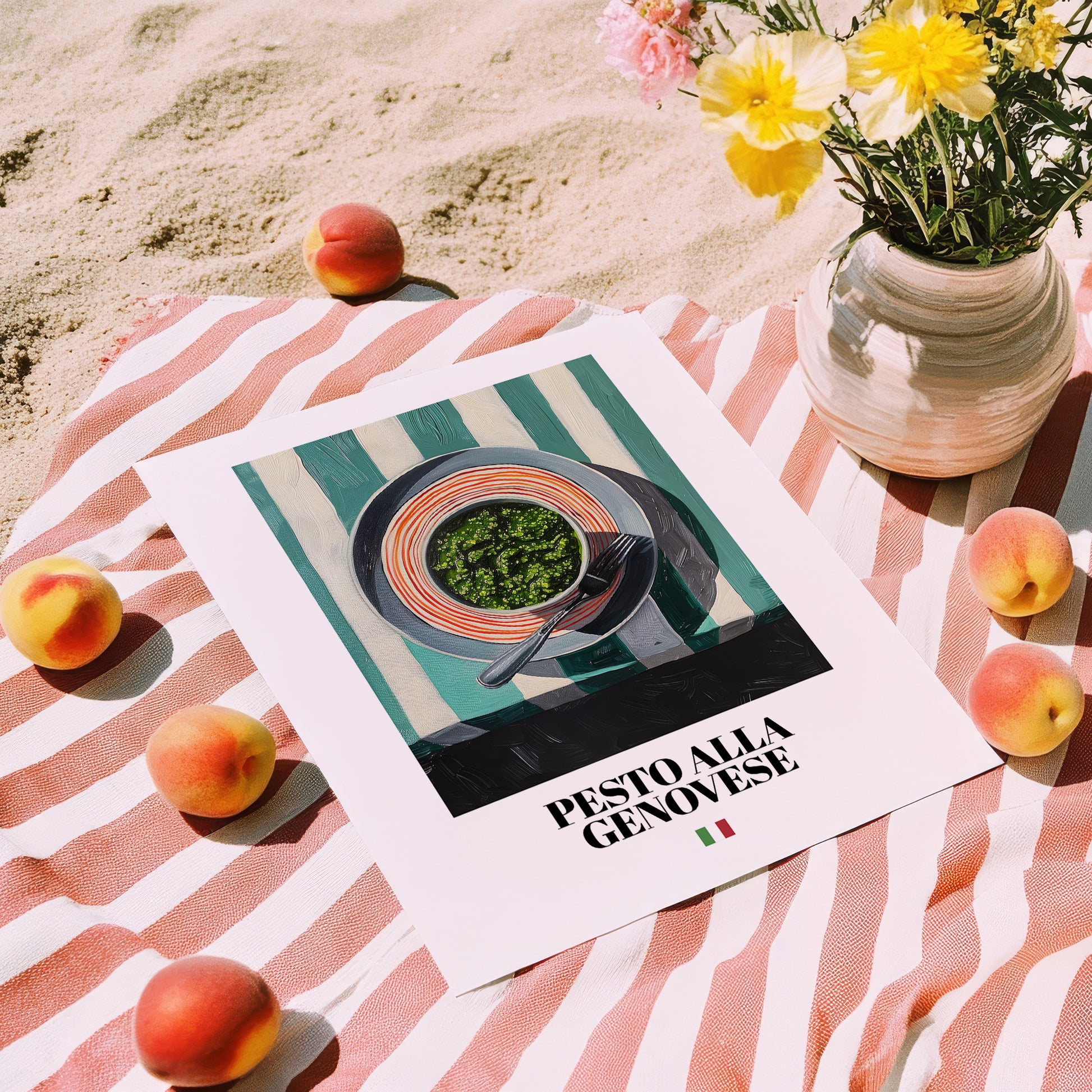 Pesto alla Genovese – Italian Pasta, Ristorante Painting, unframed on coastal sand