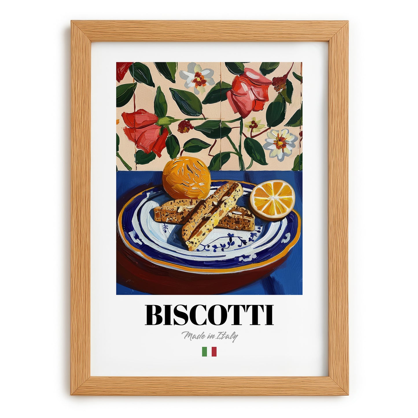 Biscotti – Italian Biscuits Dish, Bistro Print, set in oak frame