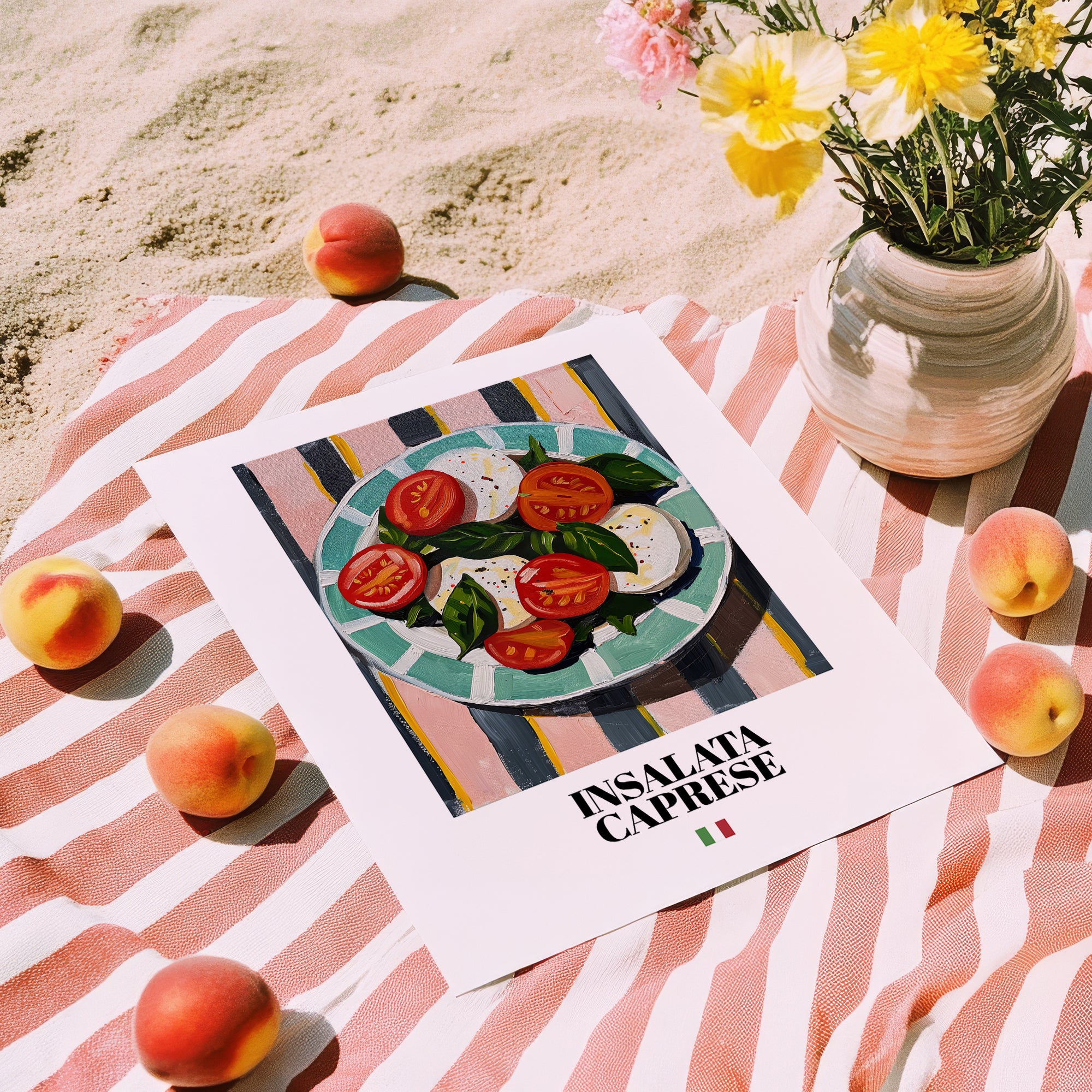 Insalata Caprese – Italian Salad Dish, Farmhouse Kitchen Poster, unframed on coastal sand