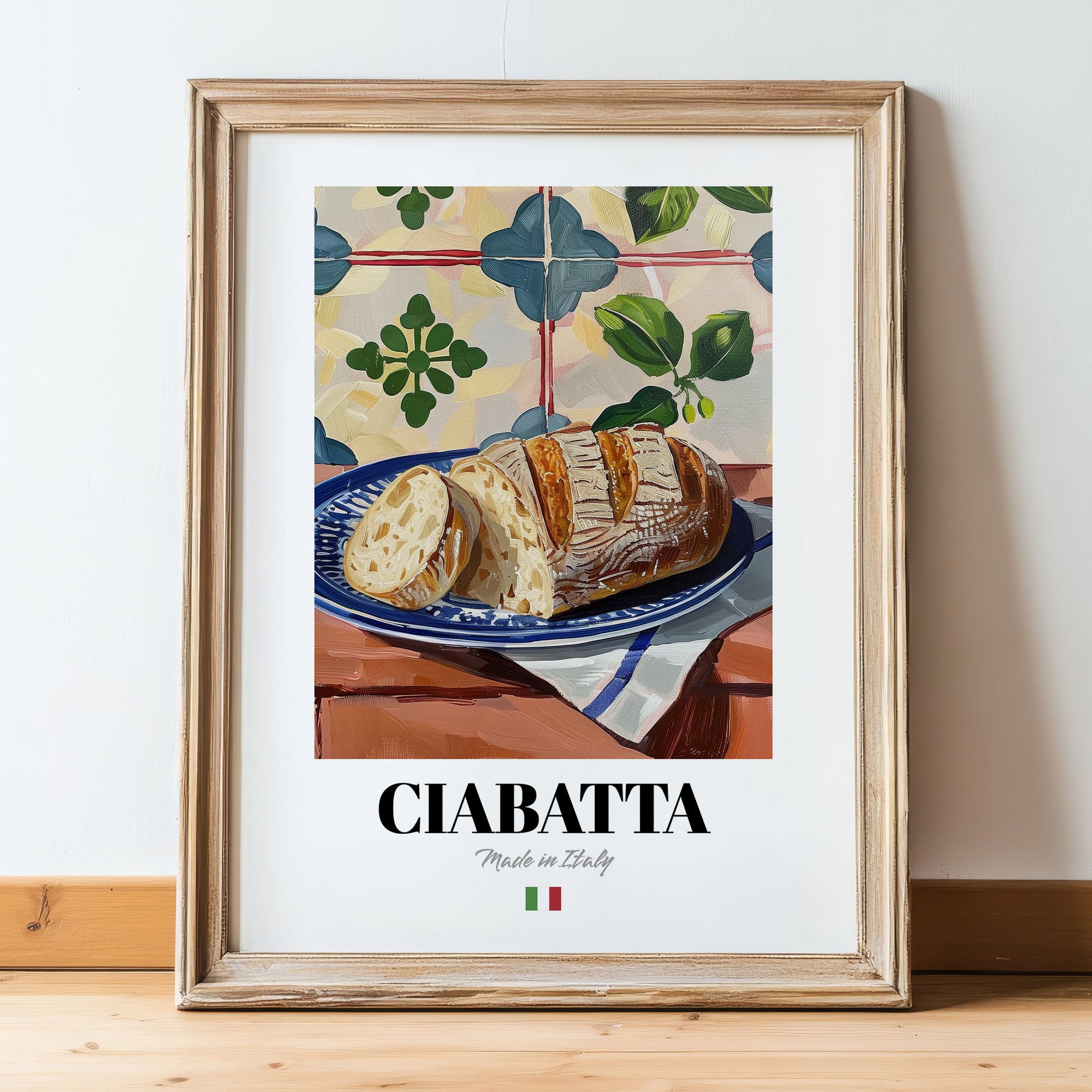 Ciabatta – Italian Bread Dish, Fine Dining Restaurant Wall Art, in wooden frame leaning on the floor