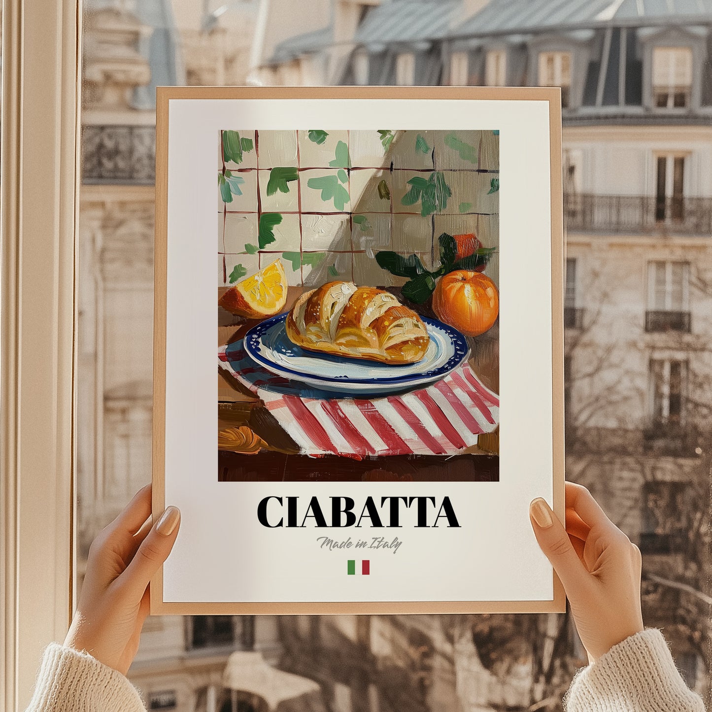 Ciabatta – Italian Bread Dish, Café Wall Art, styled in a charming Paris street view