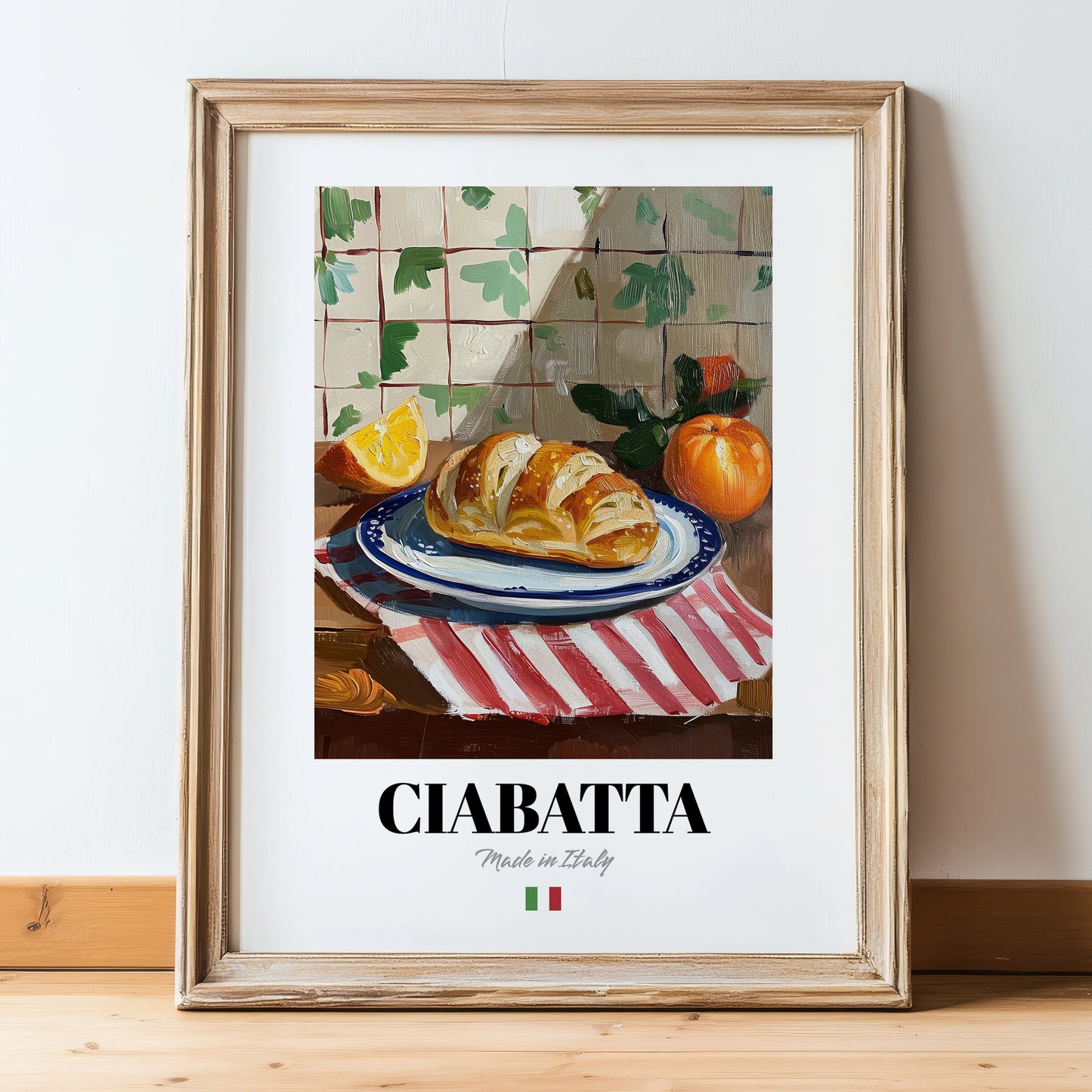 Ciabatta – Italian Bread Dish, Café Wall Art, in wooden frame leaning on the floor