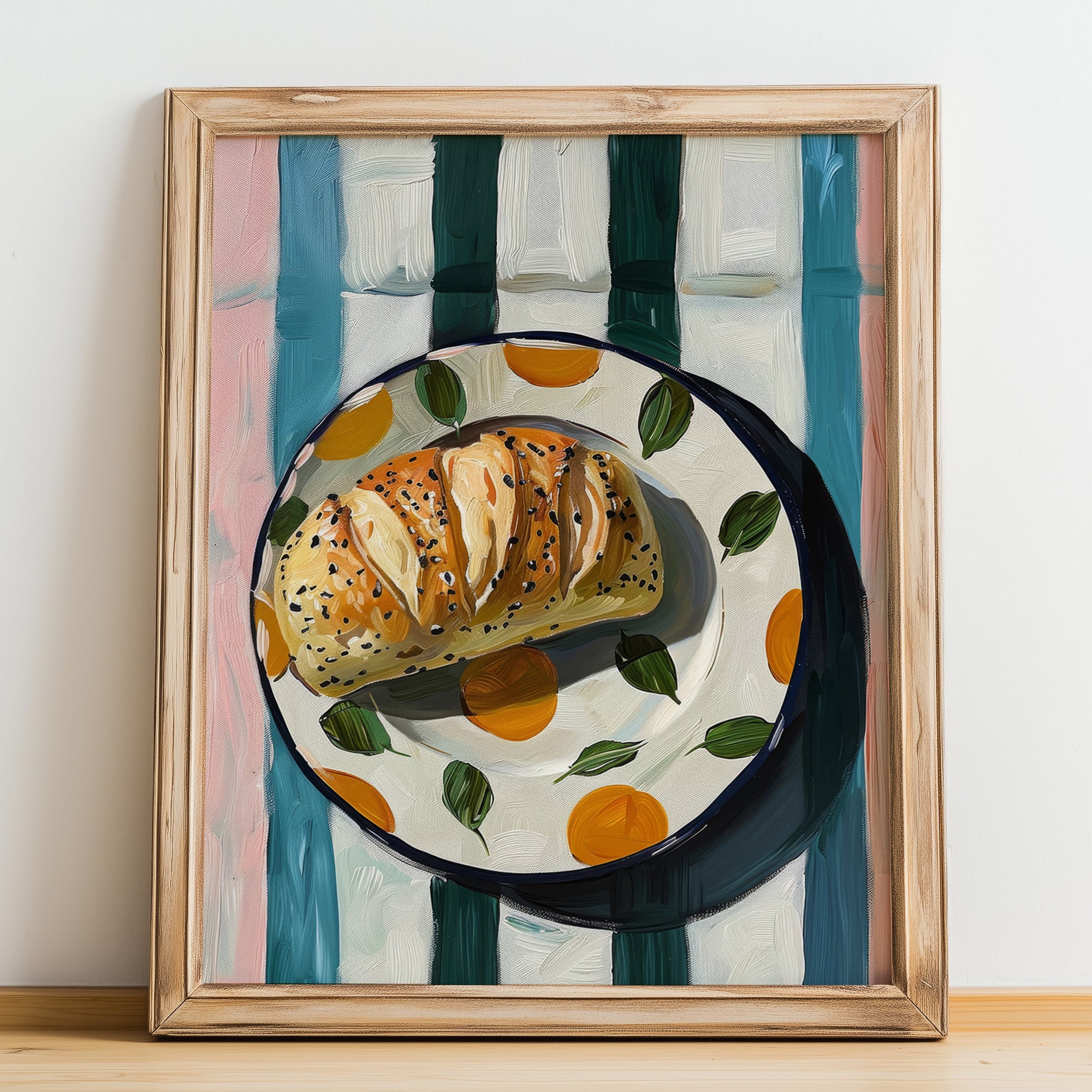 Ciabatta – Italian Bread Dish, Fine Dining Restaurant Illustration, no-text version framed in wood