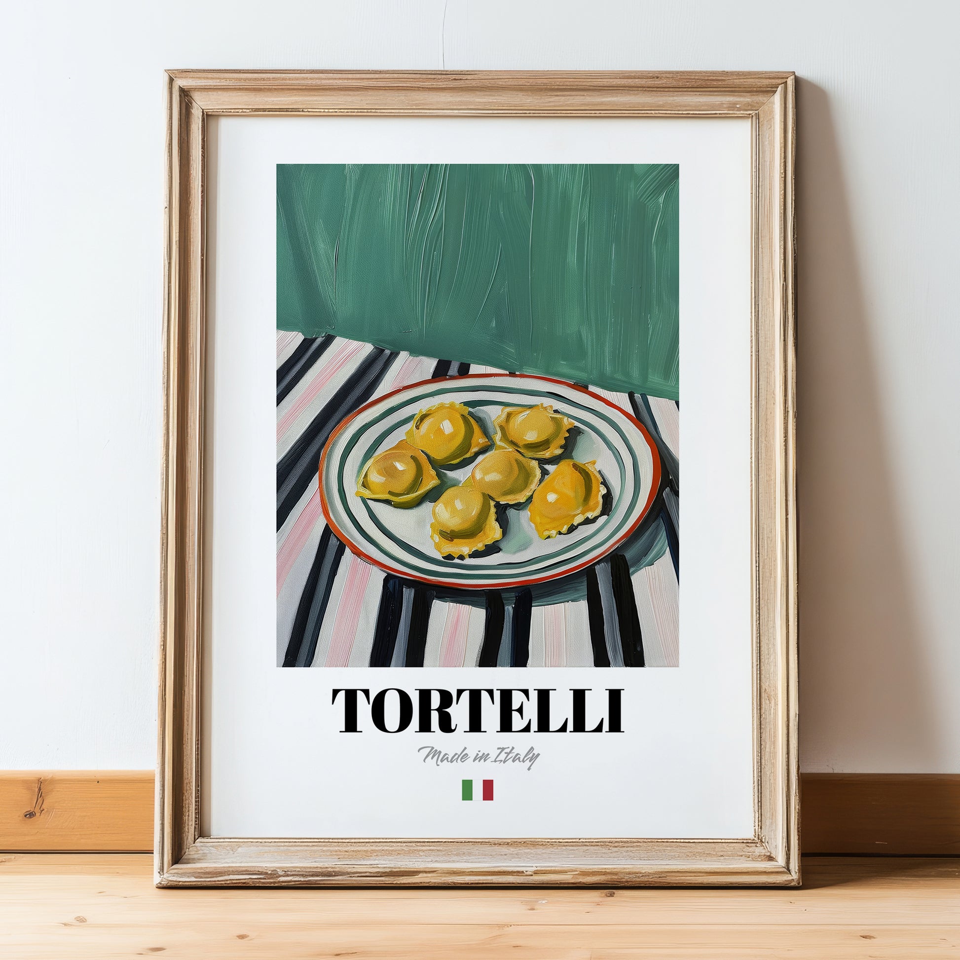 Tortelli – Italian Pasta, Trattoria Art, in wooden frame leaning on the floor