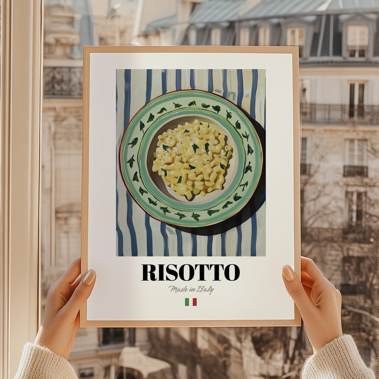 Risotto – Italian Stew Dish, Tavern Illustration, styled in a charming Paris street view