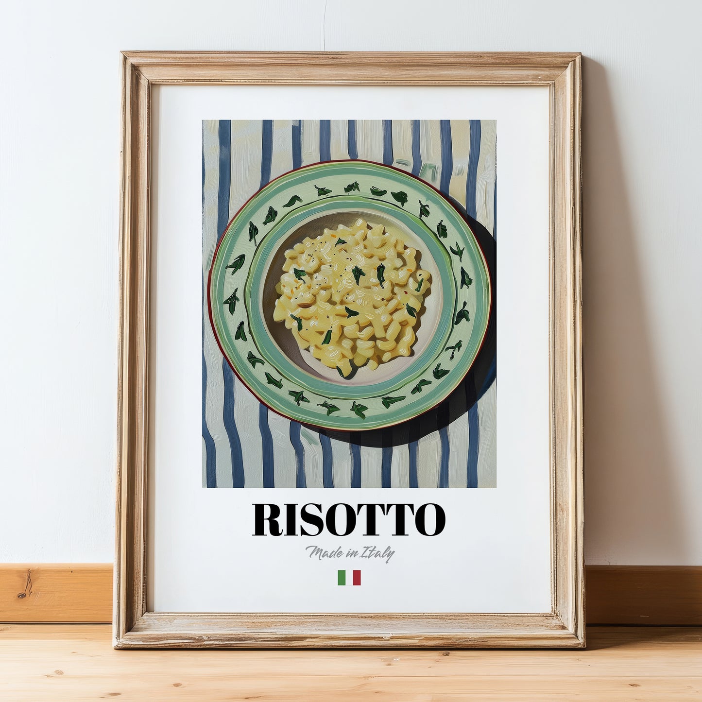 Risotto – Italian Stew Dish, Tavern Illustration, in wooden frame leaning on the floor