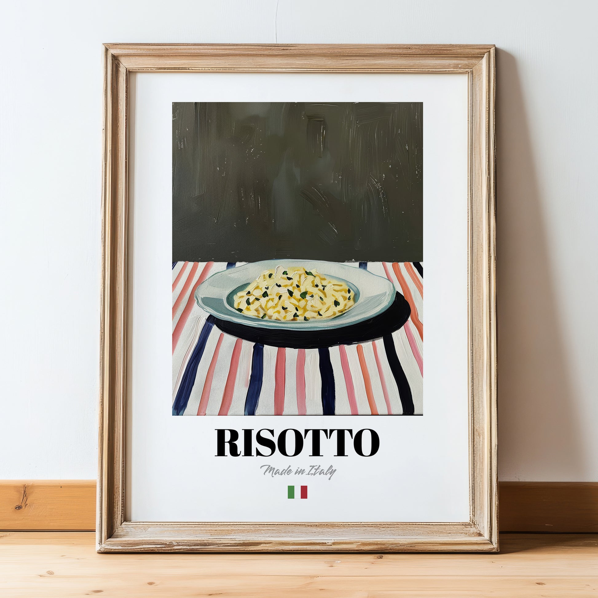 Risotto – Italian Stew Dish, Restaurant Still Life, in wooden frame leaning on the floor