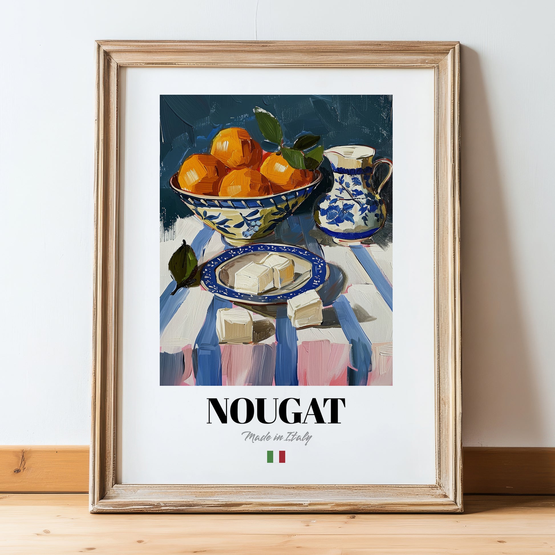 Nougat – Italian Dessert Dish, Café Poster, in wooden frame leaning on the floor