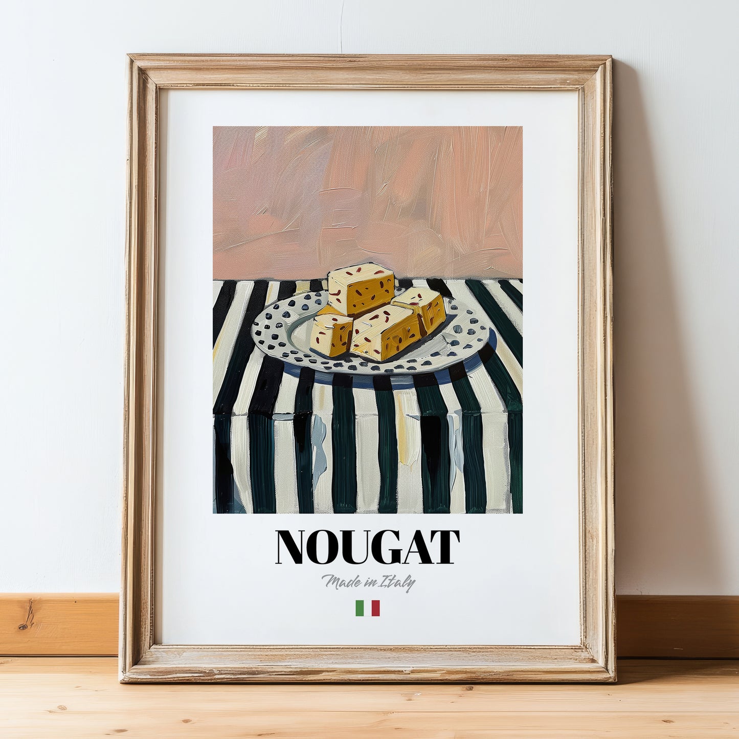 Nougat – Italian Dessert Dish, Café Still Life, in wooden frame leaning on the floor