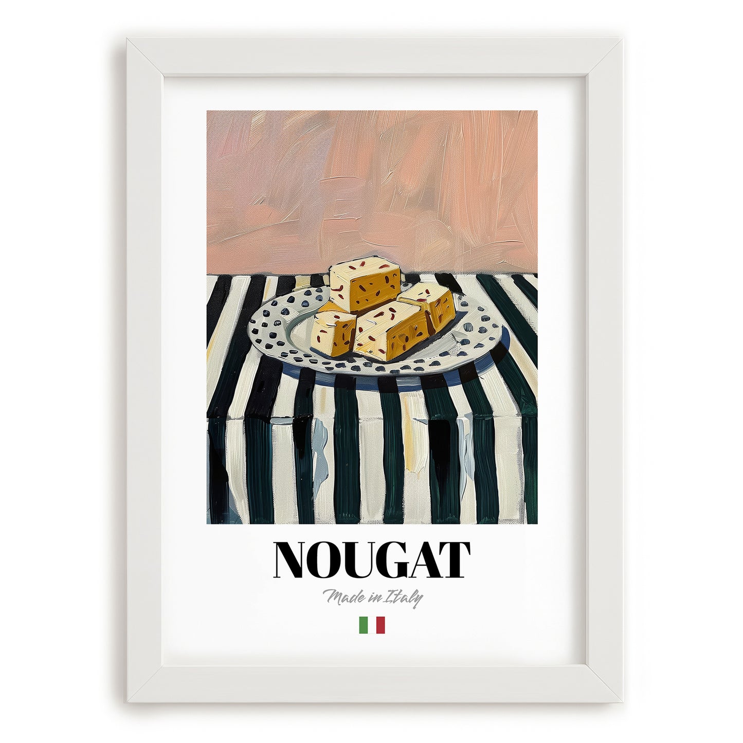 Nougat – Italian Dessert Dish, Café Still Life, placed in minimal white frame