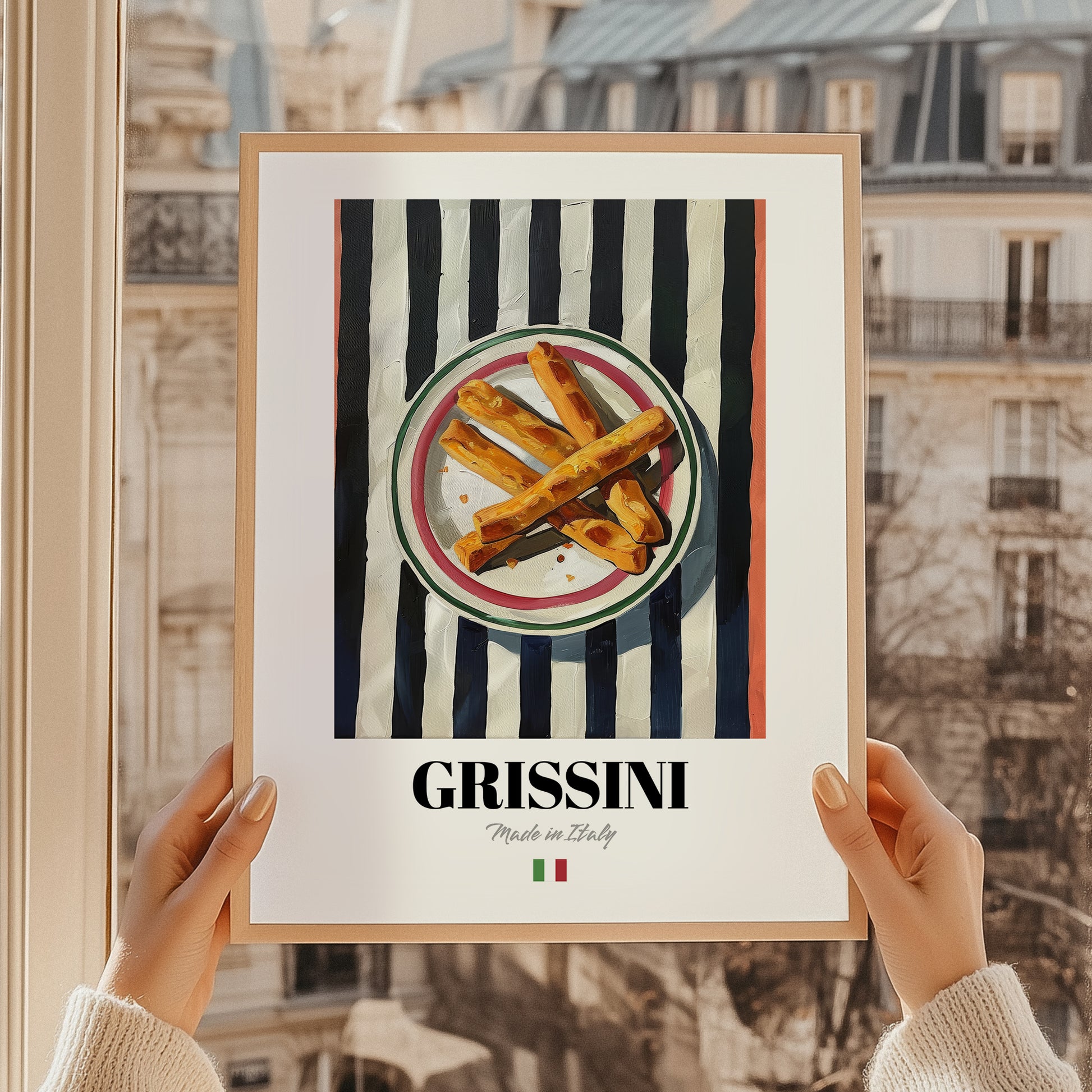 Grissini – Italian Bread Dish, Restaurant Poster, styled in a charming Paris street view