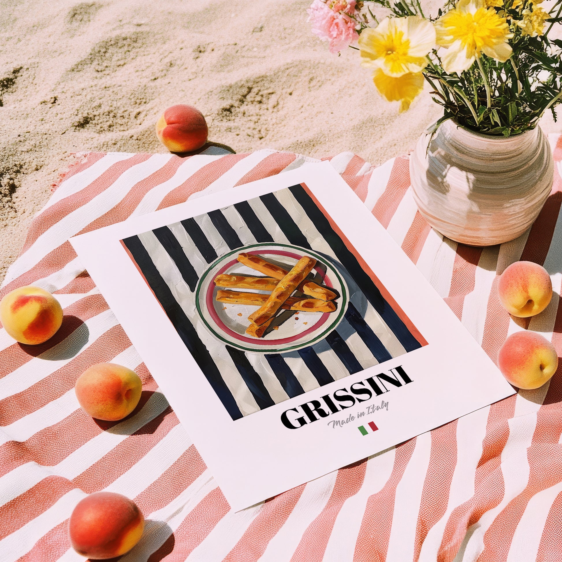Grissini – Italian Bread Dish, Restaurant Poster, unframed on coastal sand