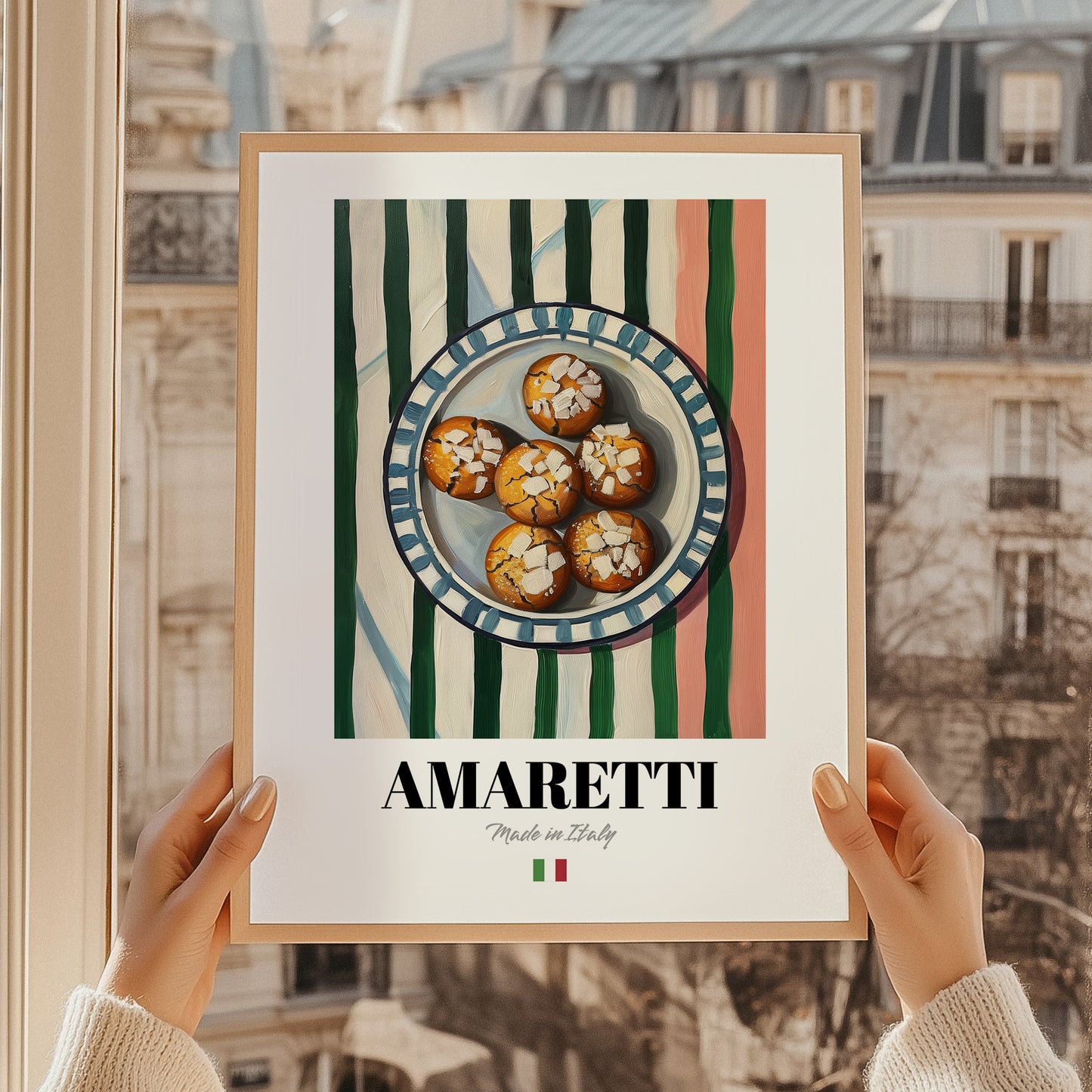 Amaretti – Italian Biscuits Dish, Café Poster, styled in a charming Paris street view