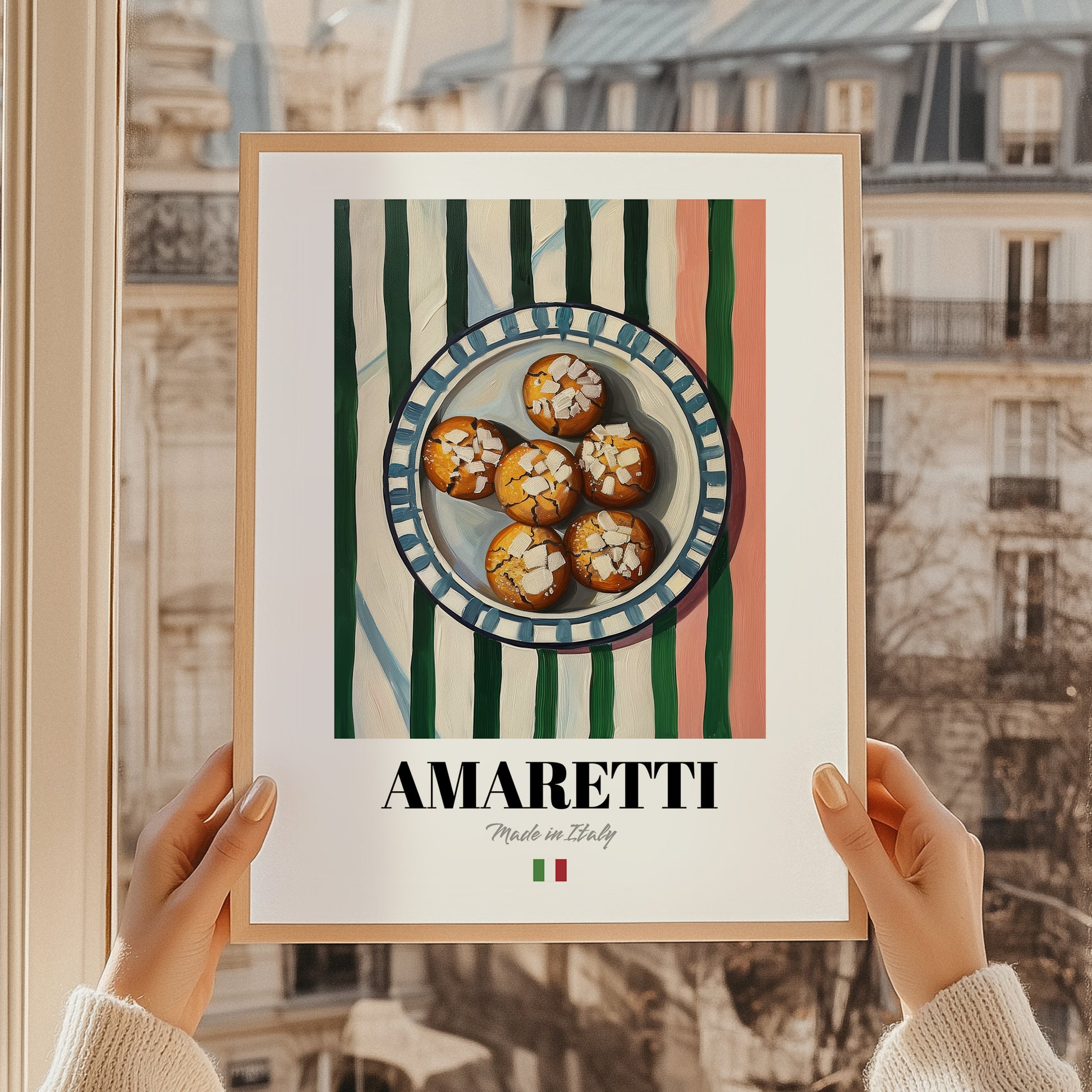 Amaretti – Italian Biscuits Dish, Café Poster, styled in a charming Paris street view
