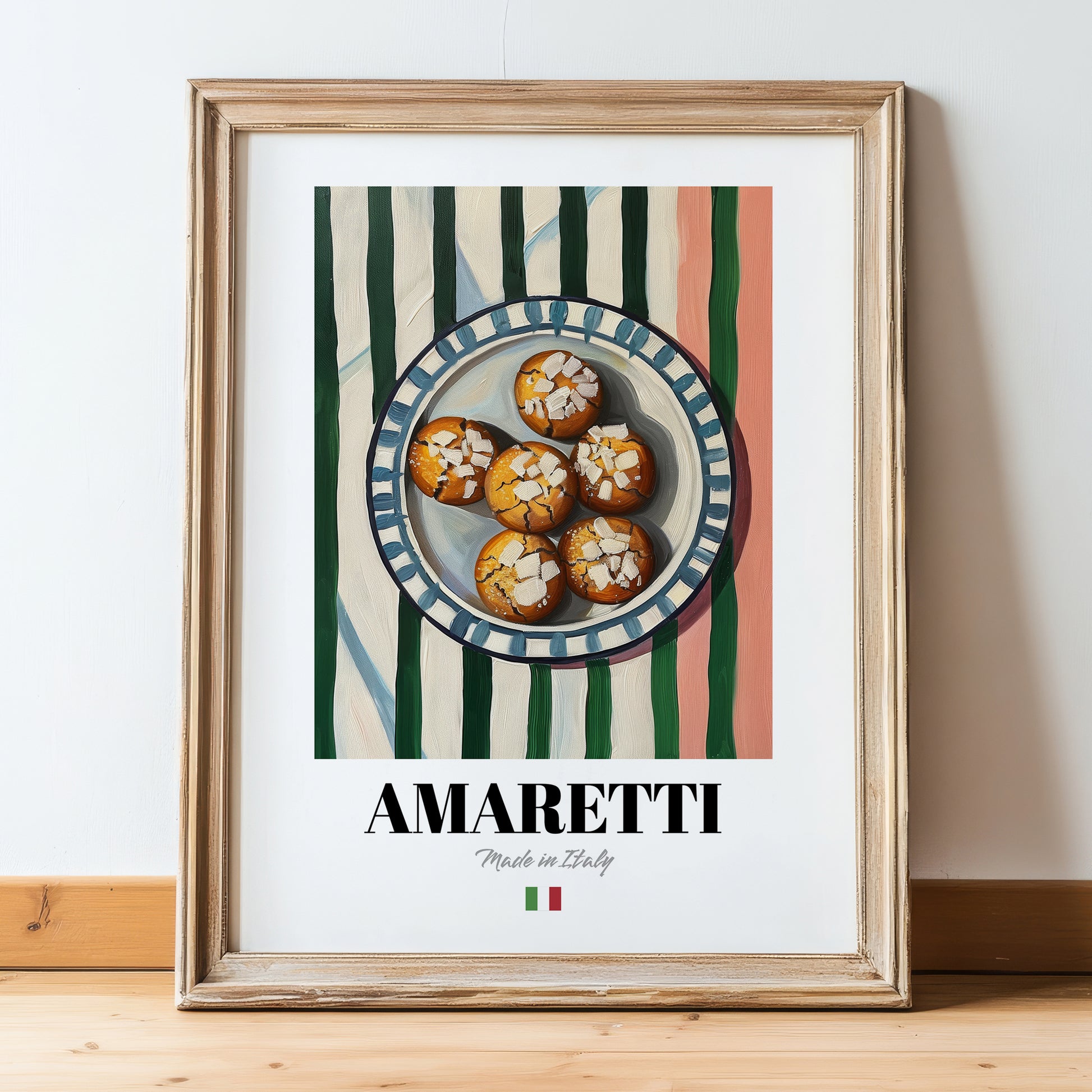 Amaretti – Italian Biscuits Dish, Café Poster, in wooden frame leaning on the floor