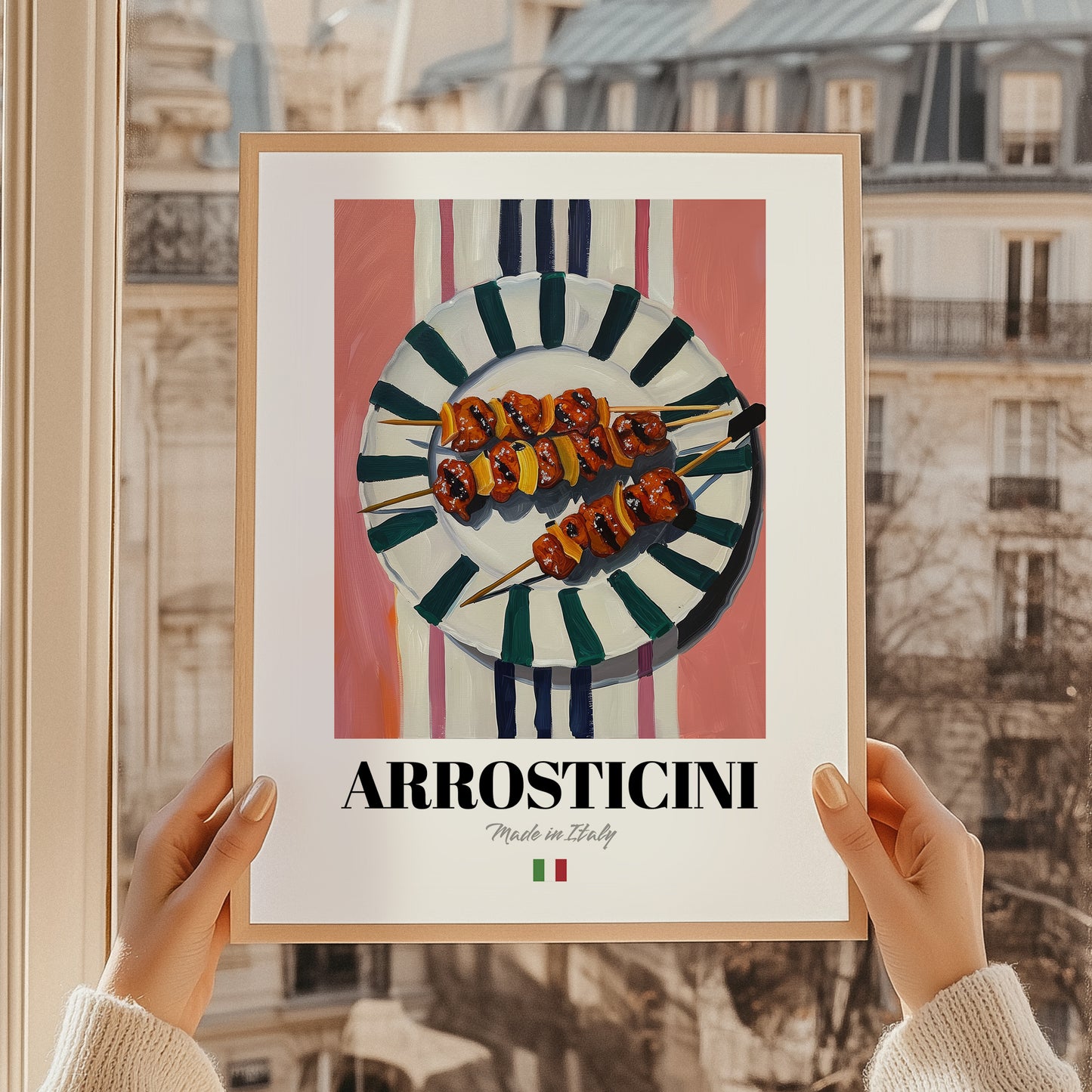 Arrosticini – Italian Meat Dish, Café Poster, styled in a charming Paris street view