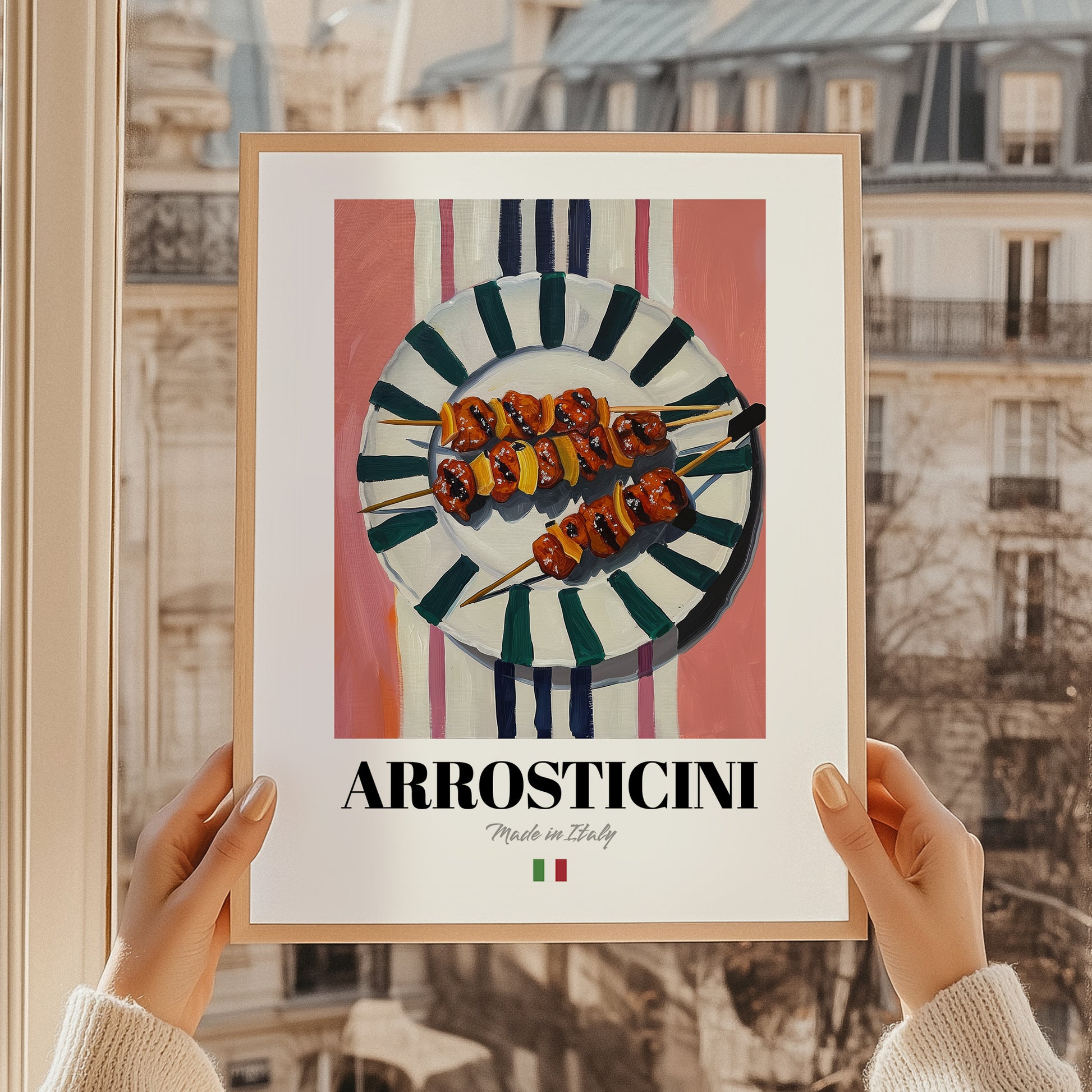 Arrosticini – Italian Meat Dish, Café Poster, styled in a charming Paris street view