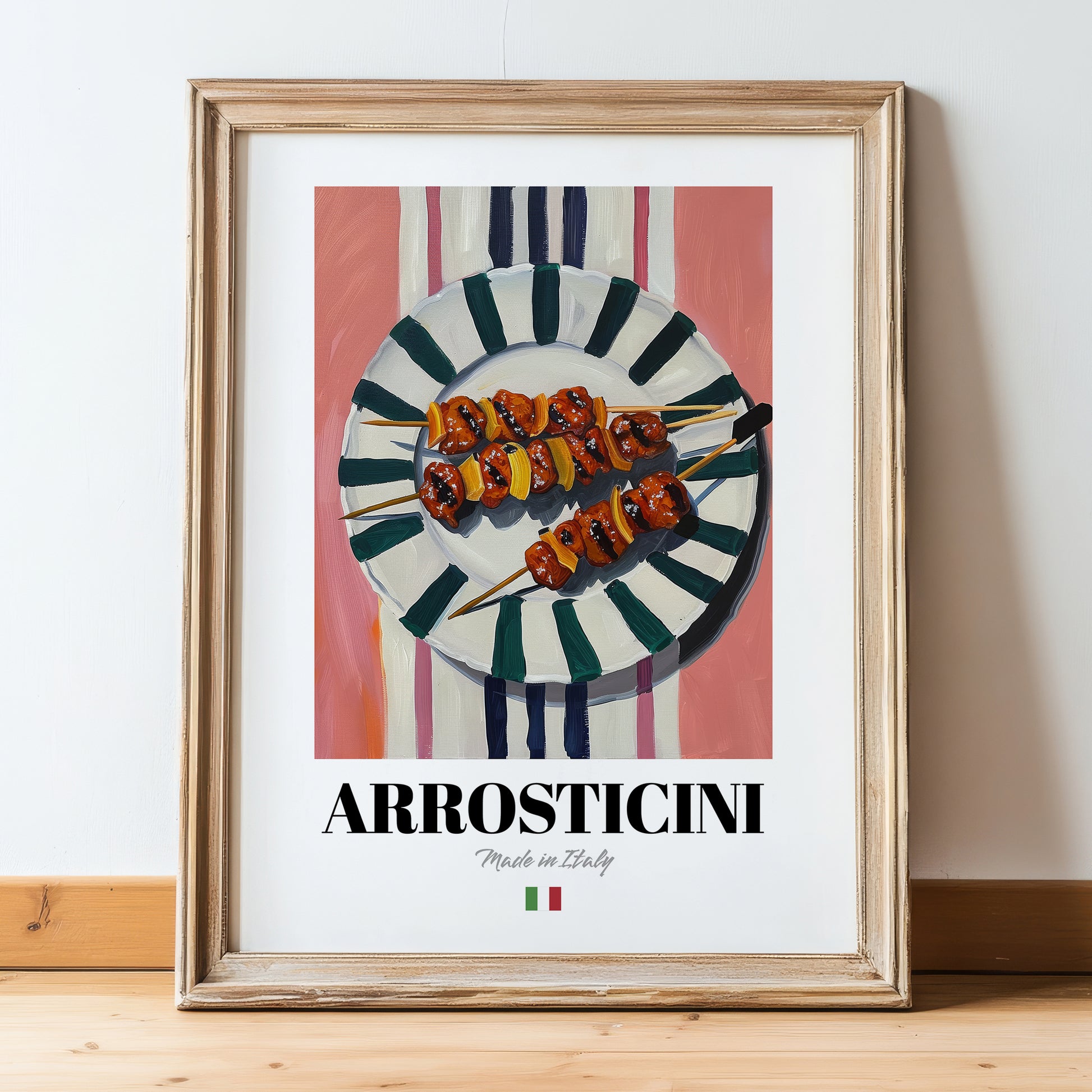 Arrosticini – Italian Meat Dish, Café Poster, in wooden frame leaning on the floor