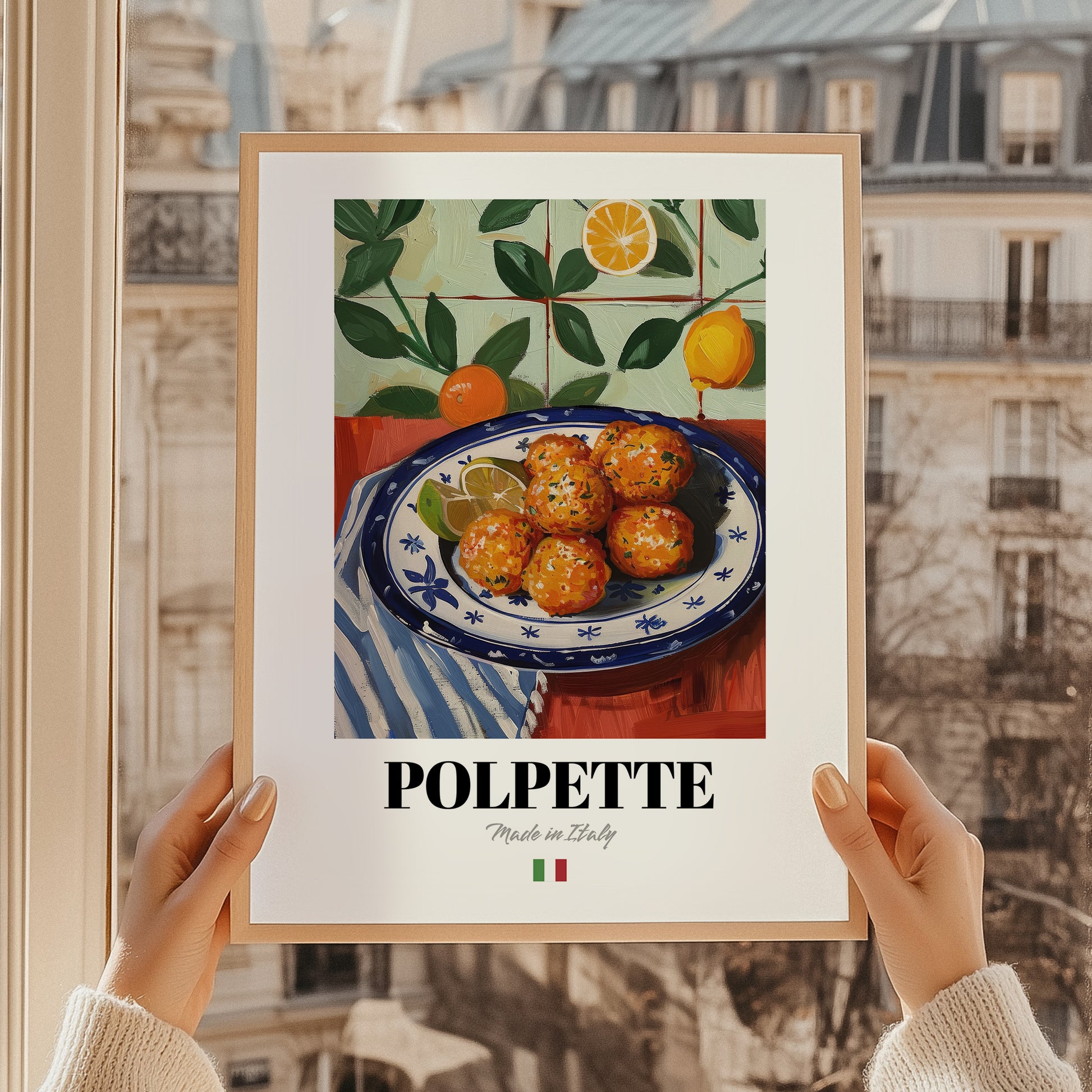 Polpette – Italian Snack Dish, Café Print, styled in a charming Paris street view