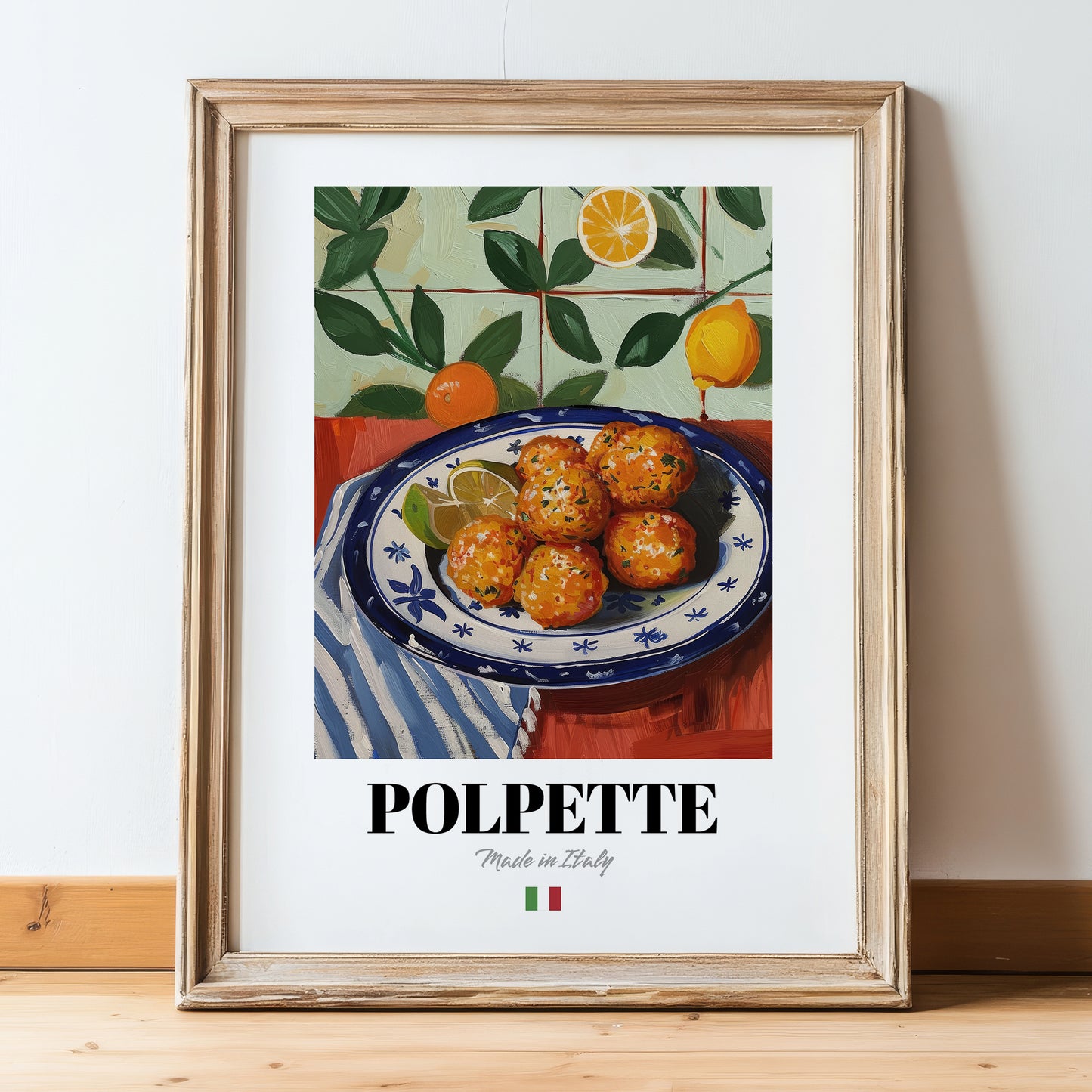Polpette – Italian Snack Dish, Café Print, in wooden frame leaning on the floor