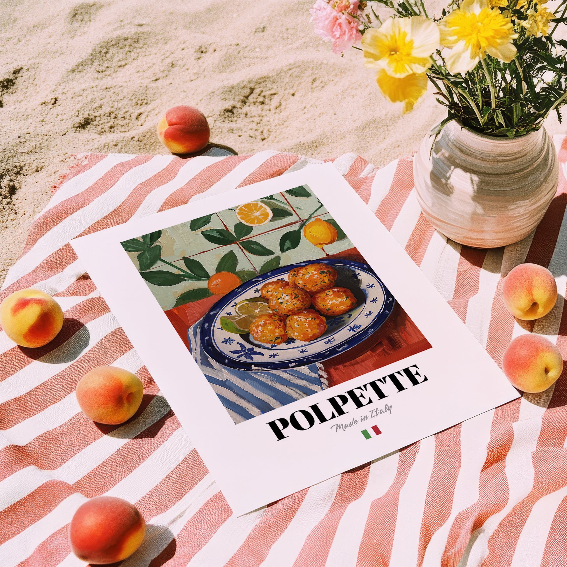 Polpette – Italian Snack Dish, Café Print, unframed on coastal sand