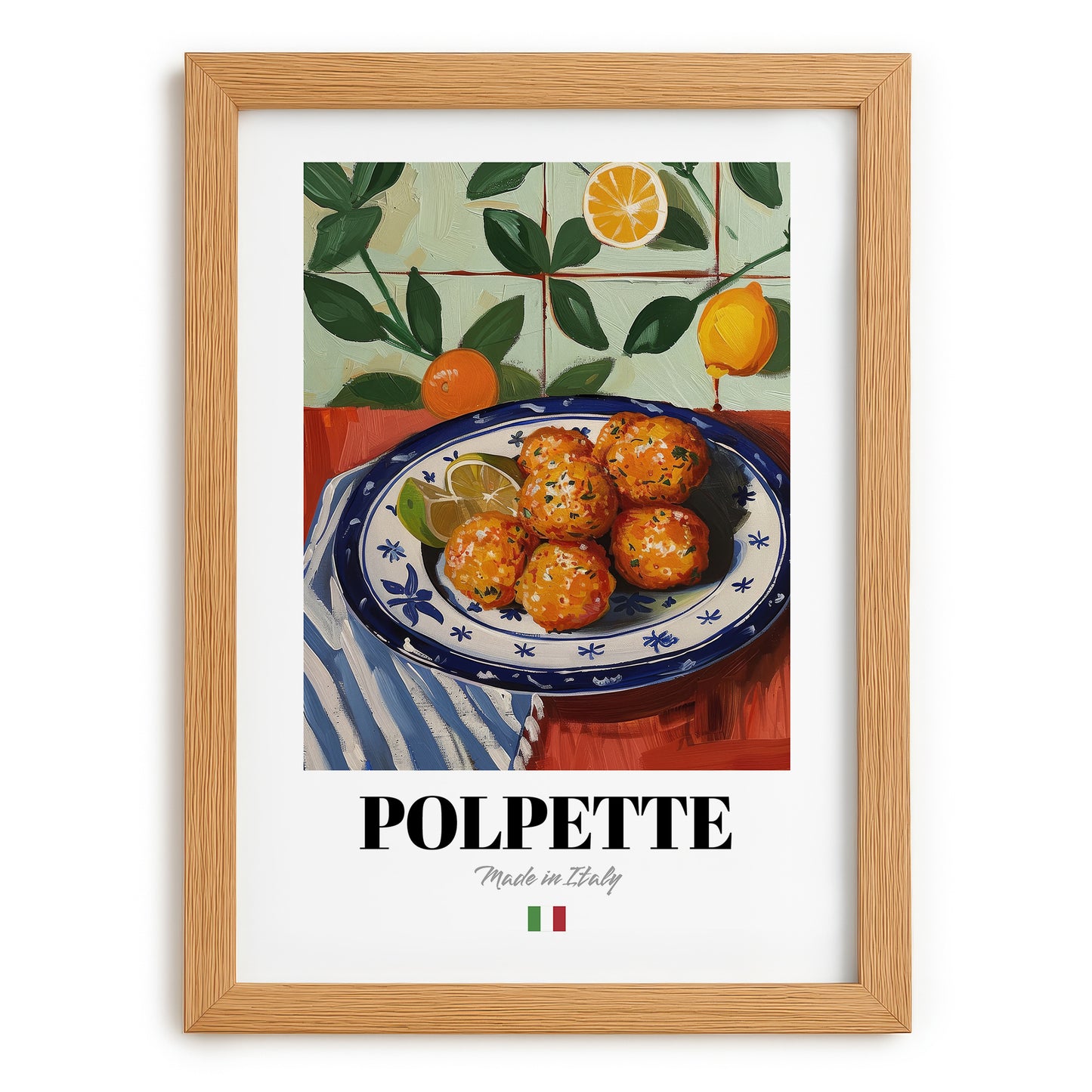 Polpette – Italian Snack Dish, Café Print, set in oak frame