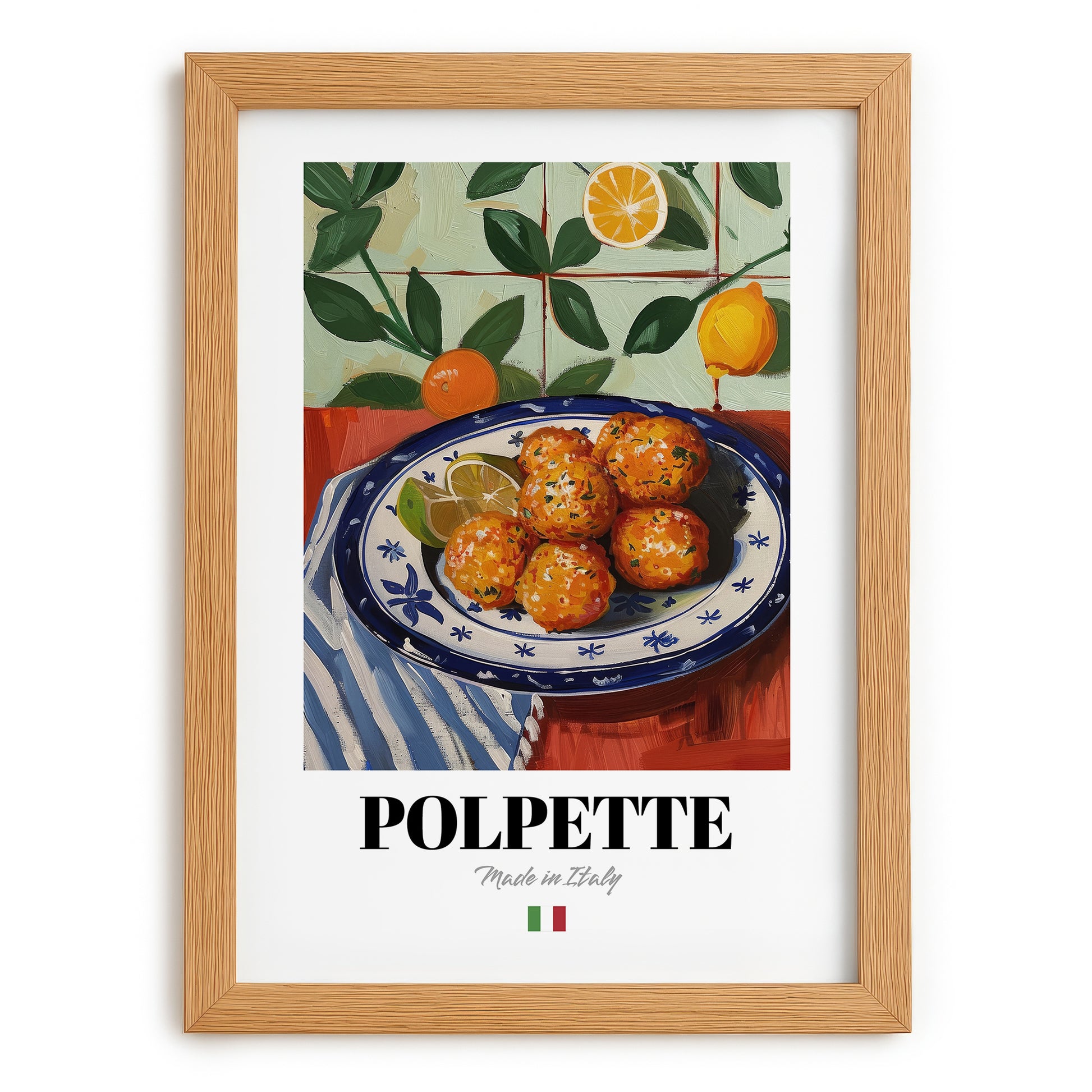 Polpette – Italian Snack Dish, Café Print, set in oak frame