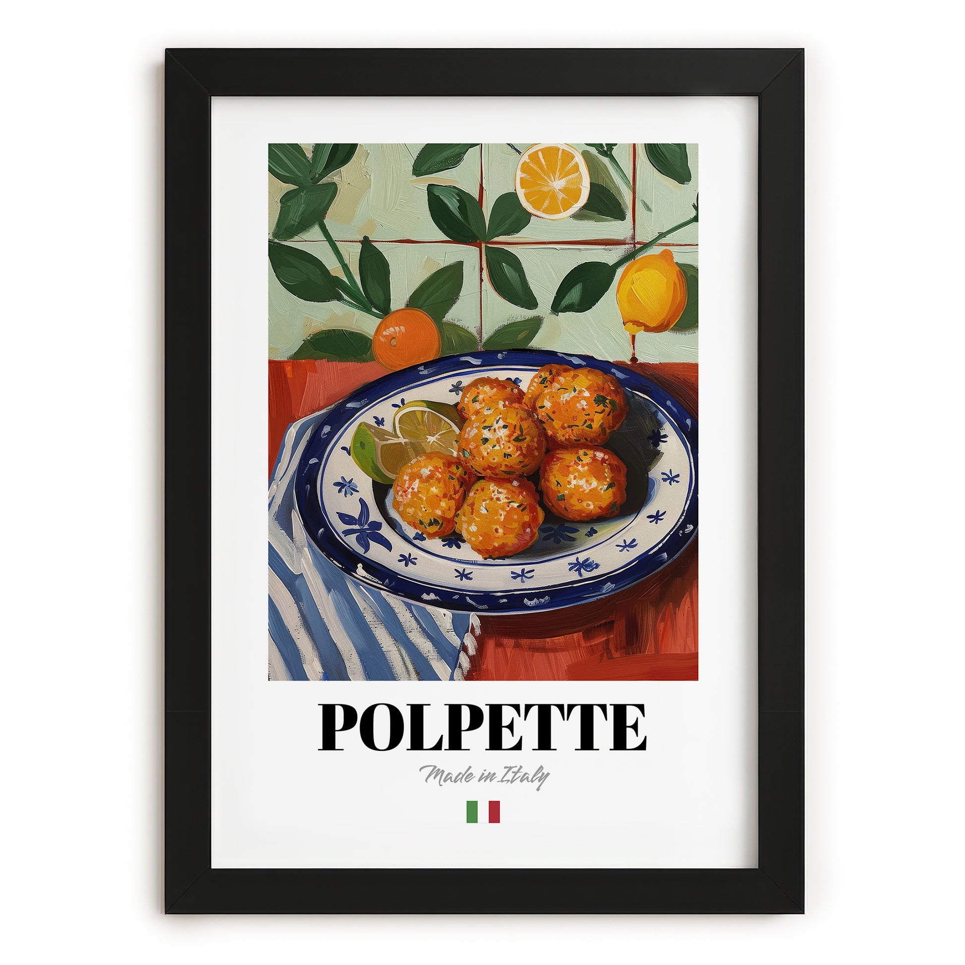 Polpette – Italian Snack Dish, Café Print, in sleek black frame