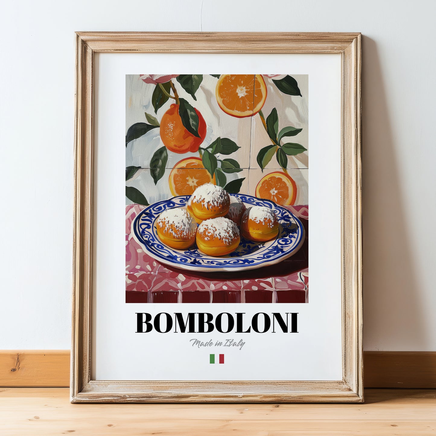 Bomboloni – Italian Pastry Dish, Restaurant Painting, in wooden frame leaning on the floor