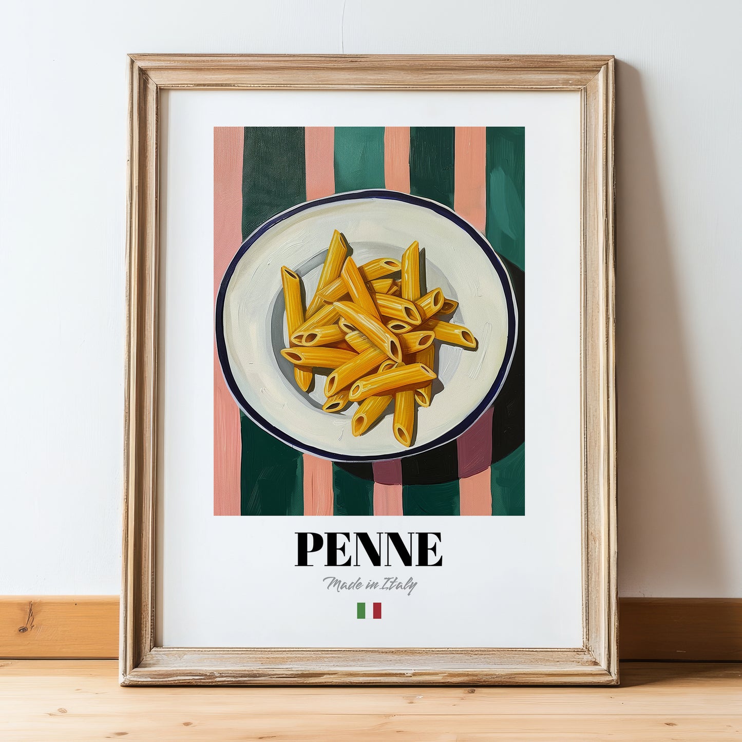 Penne – Italian Pasta, Restaurant Poster, in wooden frame leaning on the floor