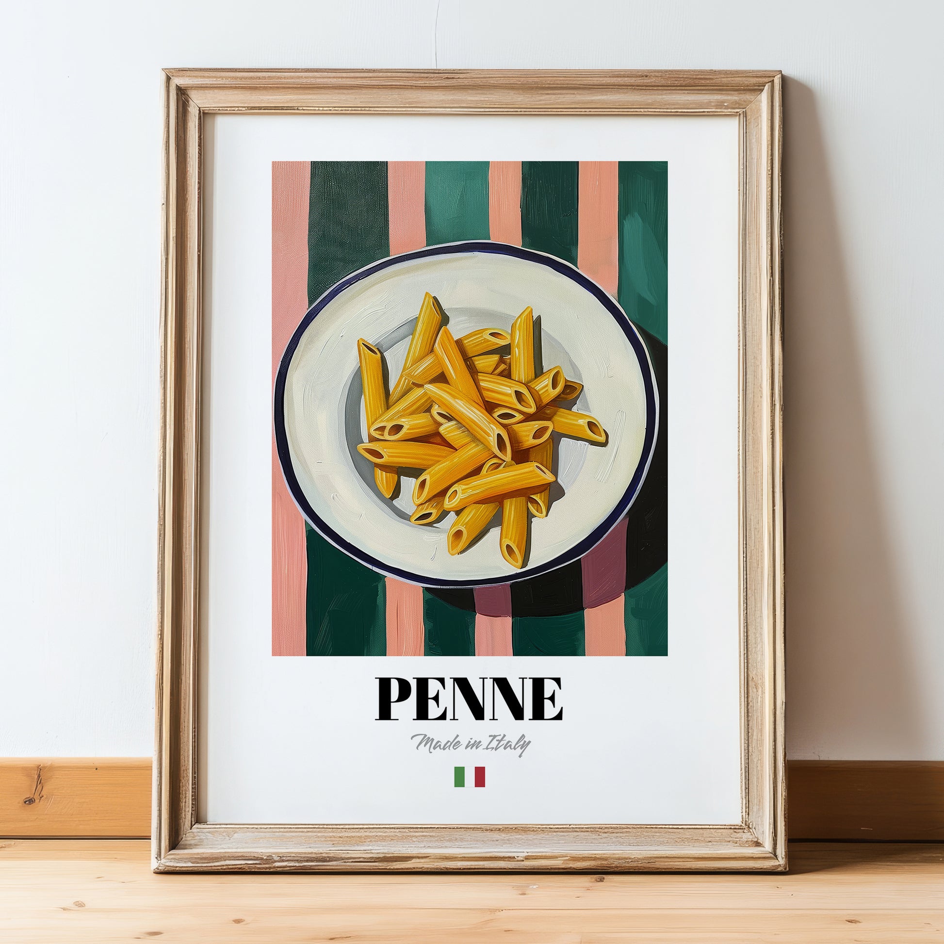 Penne – Italian Pasta, Restaurant Poster, in wooden frame leaning on the floor