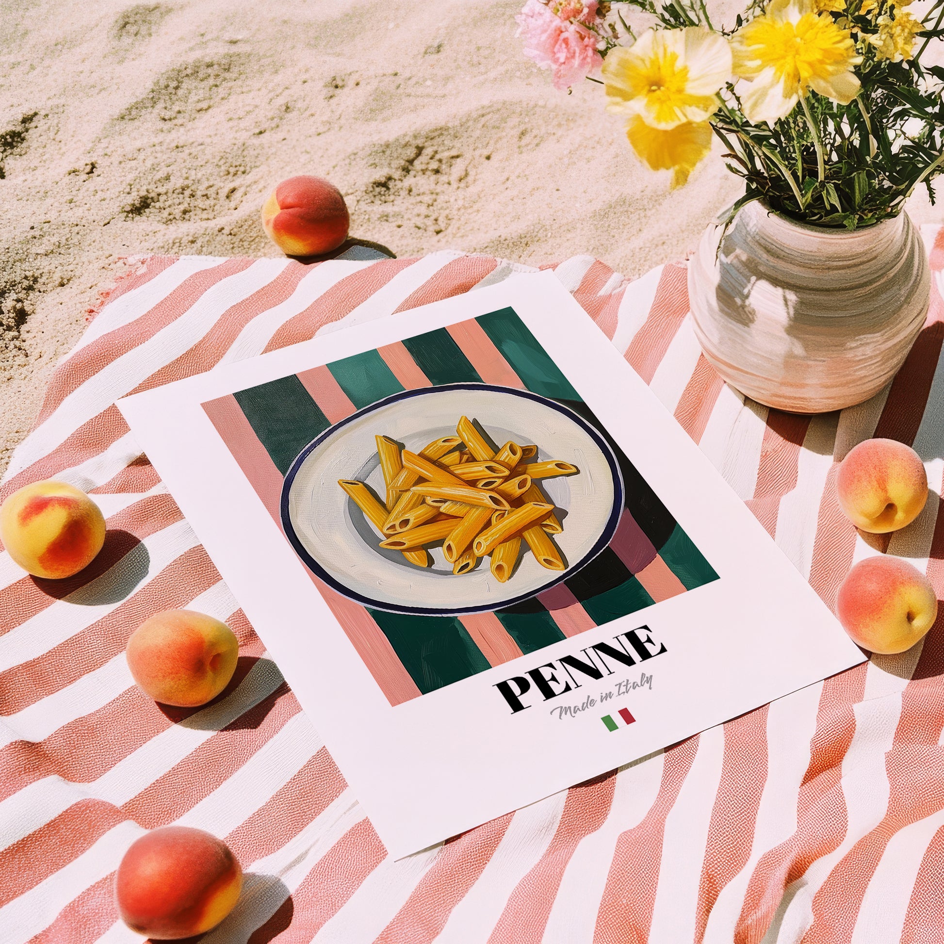 Penne – Italian Pasta, Restaurant Poster, unframed on coastal sand