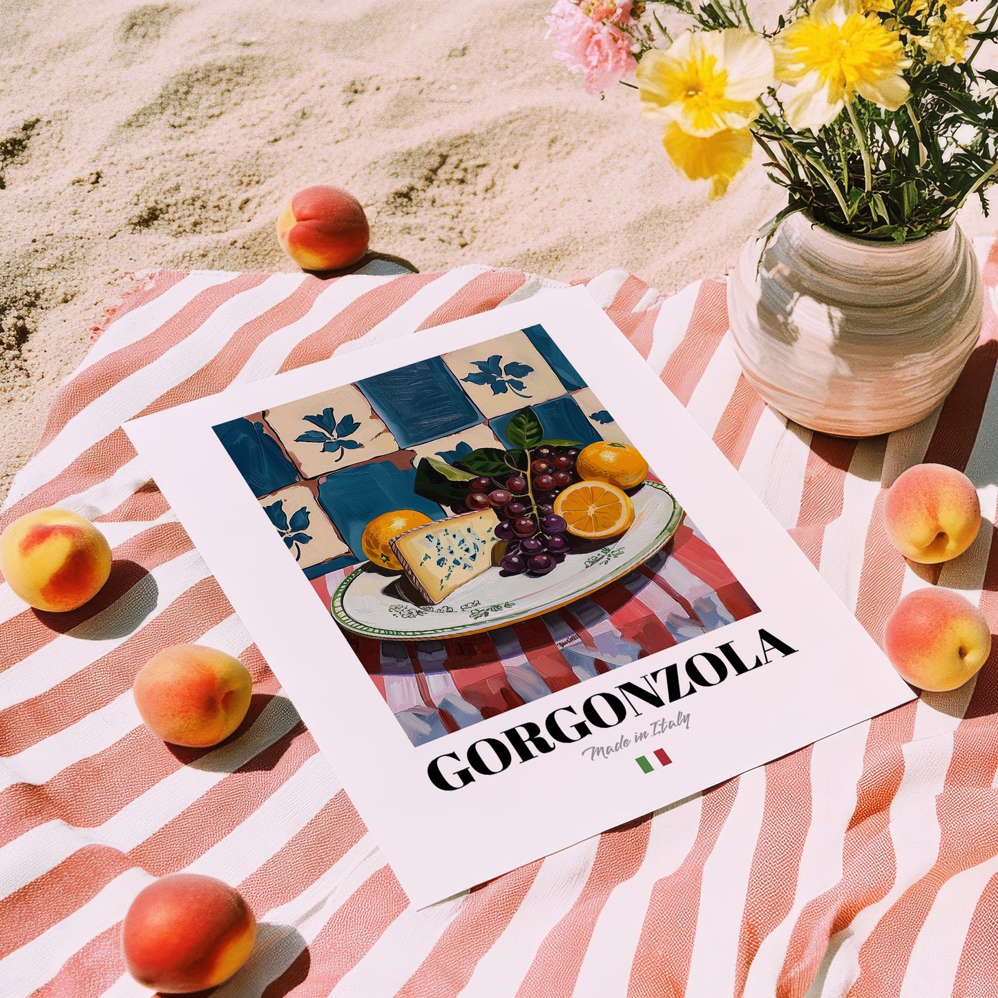 Gorgonzola – Italian Cheese Dish, Restaurant Painting, unframed on coastal sand