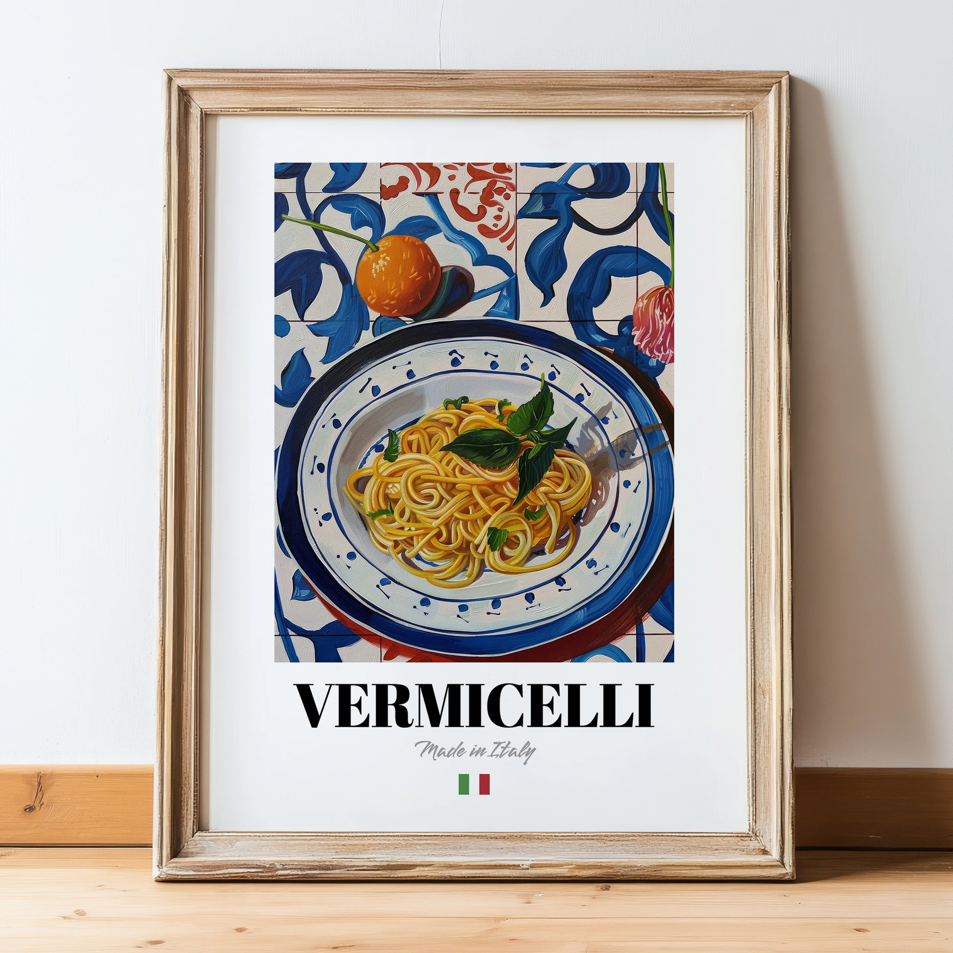 Vermicelli – Italian Pasta, Restaurant Poster, in wooden frame leaning on the floor