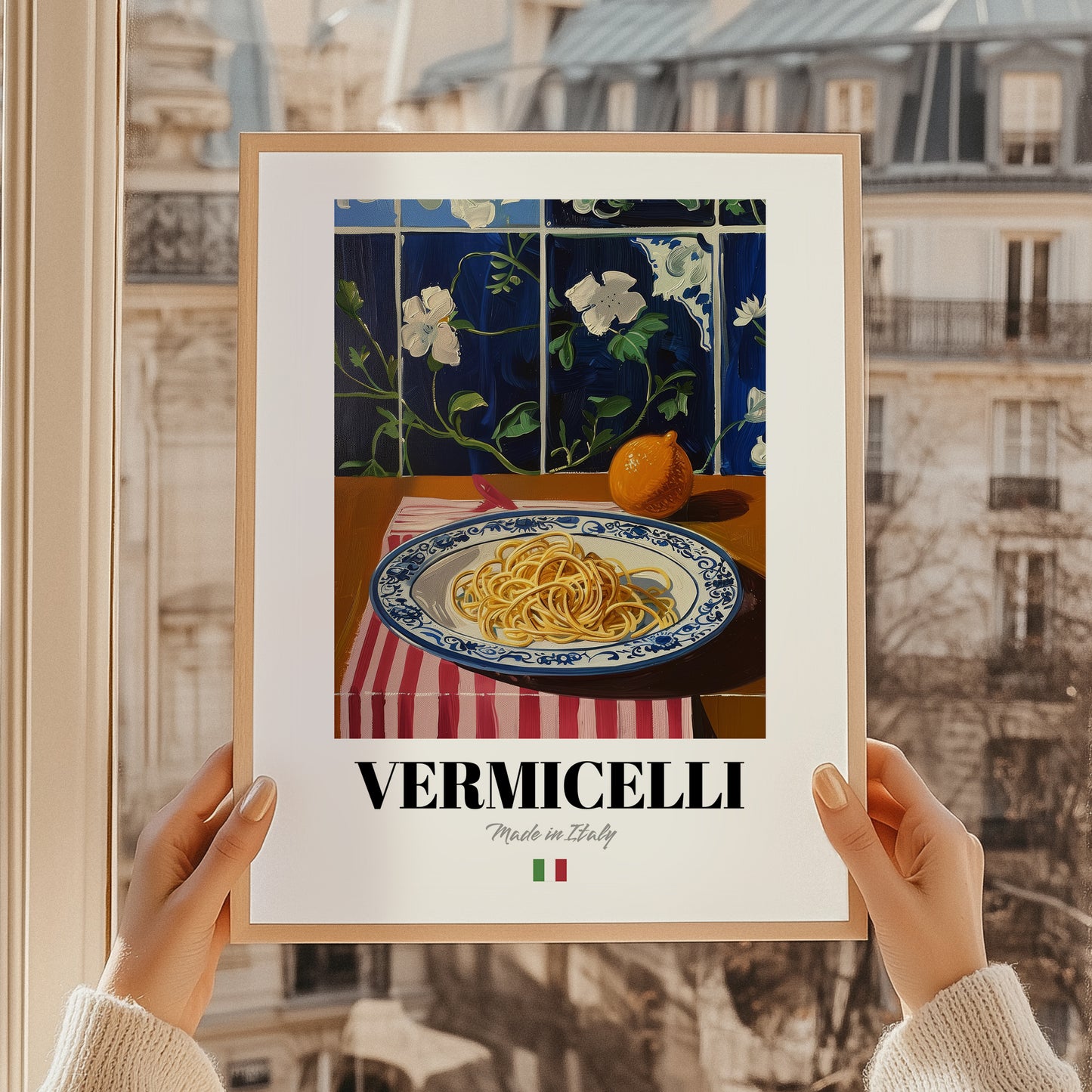Vermicelli – Italian Pasta, Osteria Wall Art, styled in a charming Paris street view