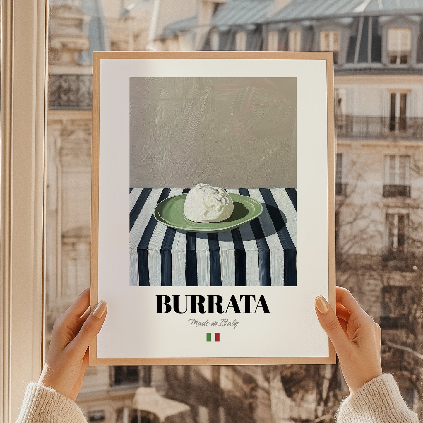 Burrata – Italian Cheese Dish, Bistro Poster, styled in a charming Paris street view