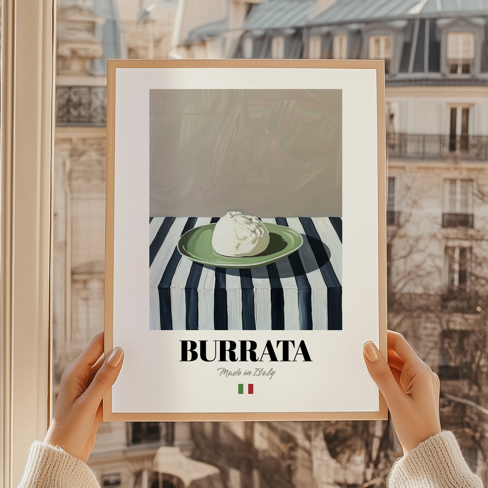 Burrata – Italian Cheese Dish, Bistro Poster, styled in a charming Paris street view