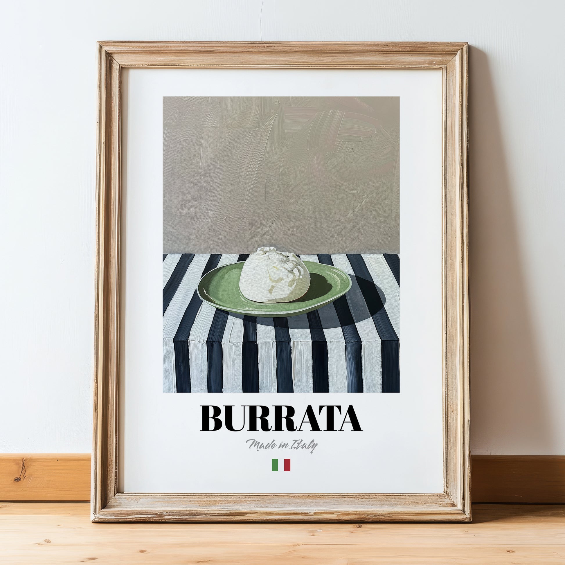 Burrata – Italian Cheese Dish, Bistro Poster, in wooden frame leaning on the floor