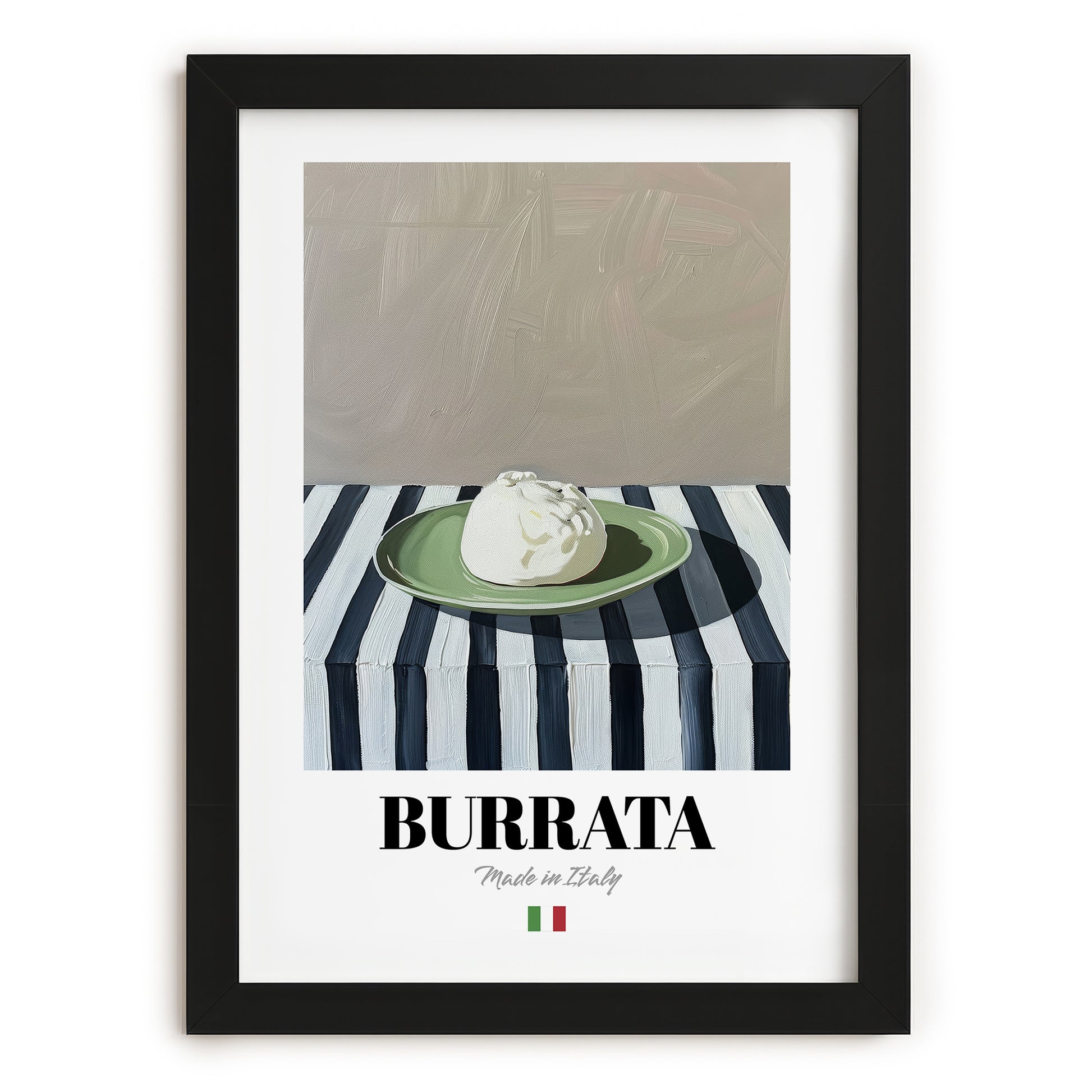 Burrata – Italian Cheese Dish, Bistro Poster, in sleek black frame
