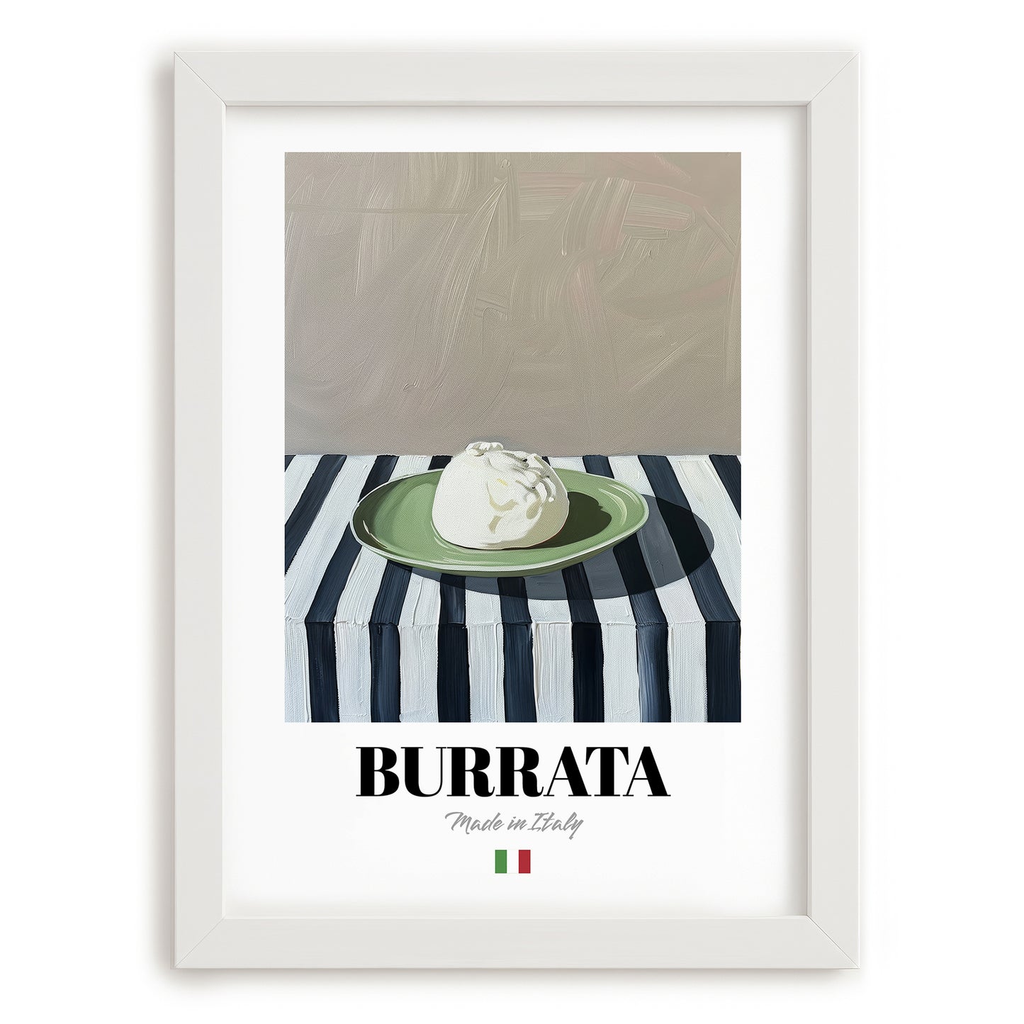 Burrata – Italian Cheese Dish, Bistro Poster, placed in minimal white frame