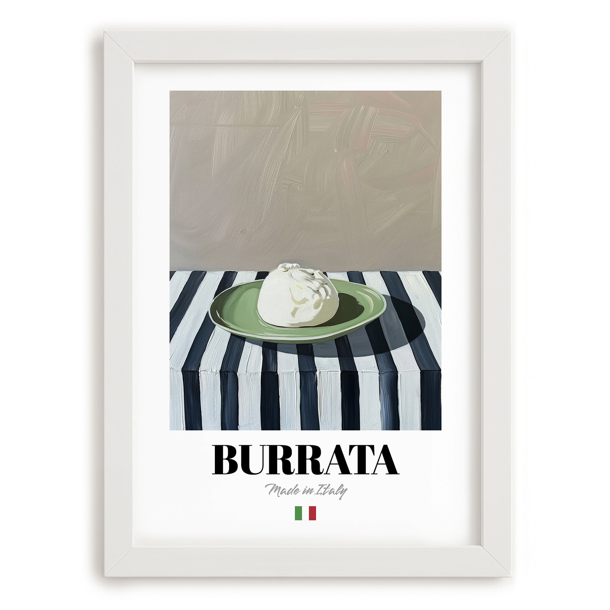 Burrata – Italian Cheese Dish, Bistro Poster, placed in minimal white frame