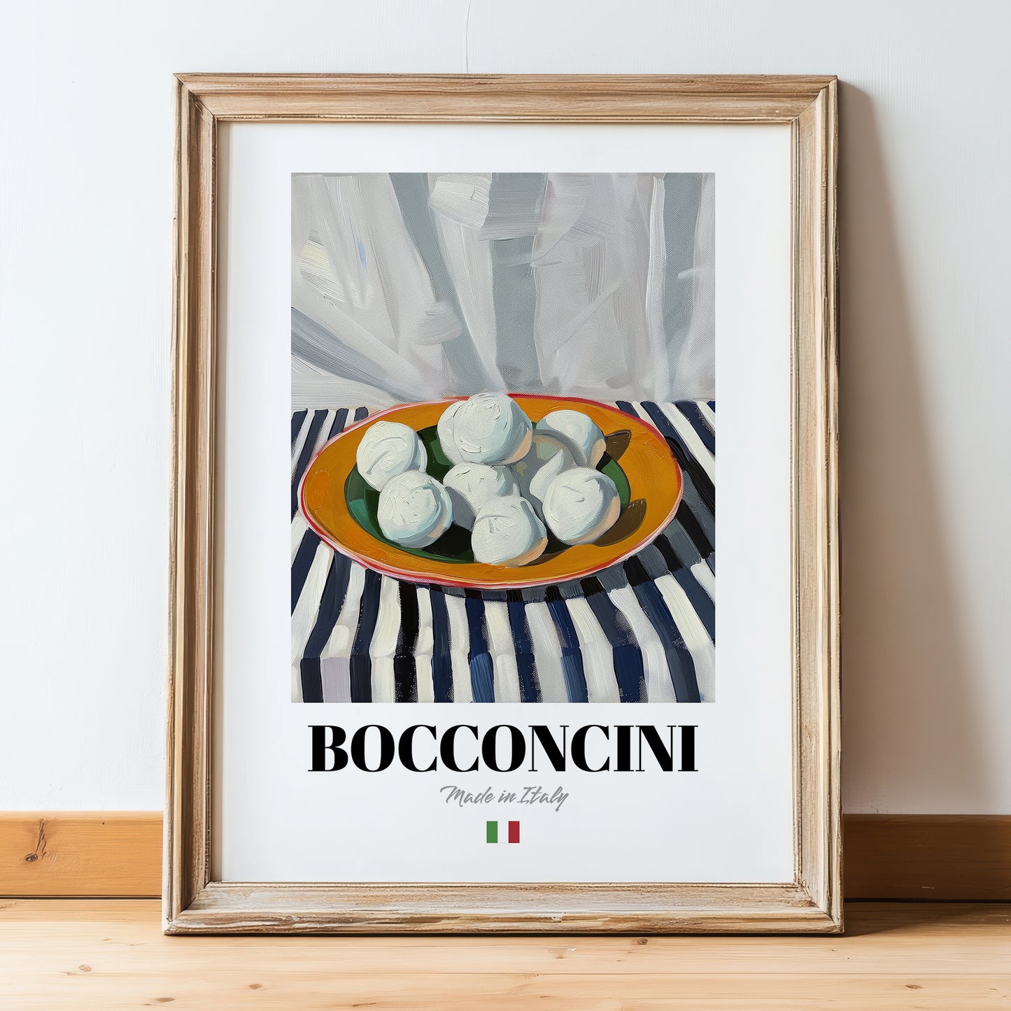 Bocconcini – Italian Cheese Dish, Tavern Poster, in wooden frame leaning on the floor