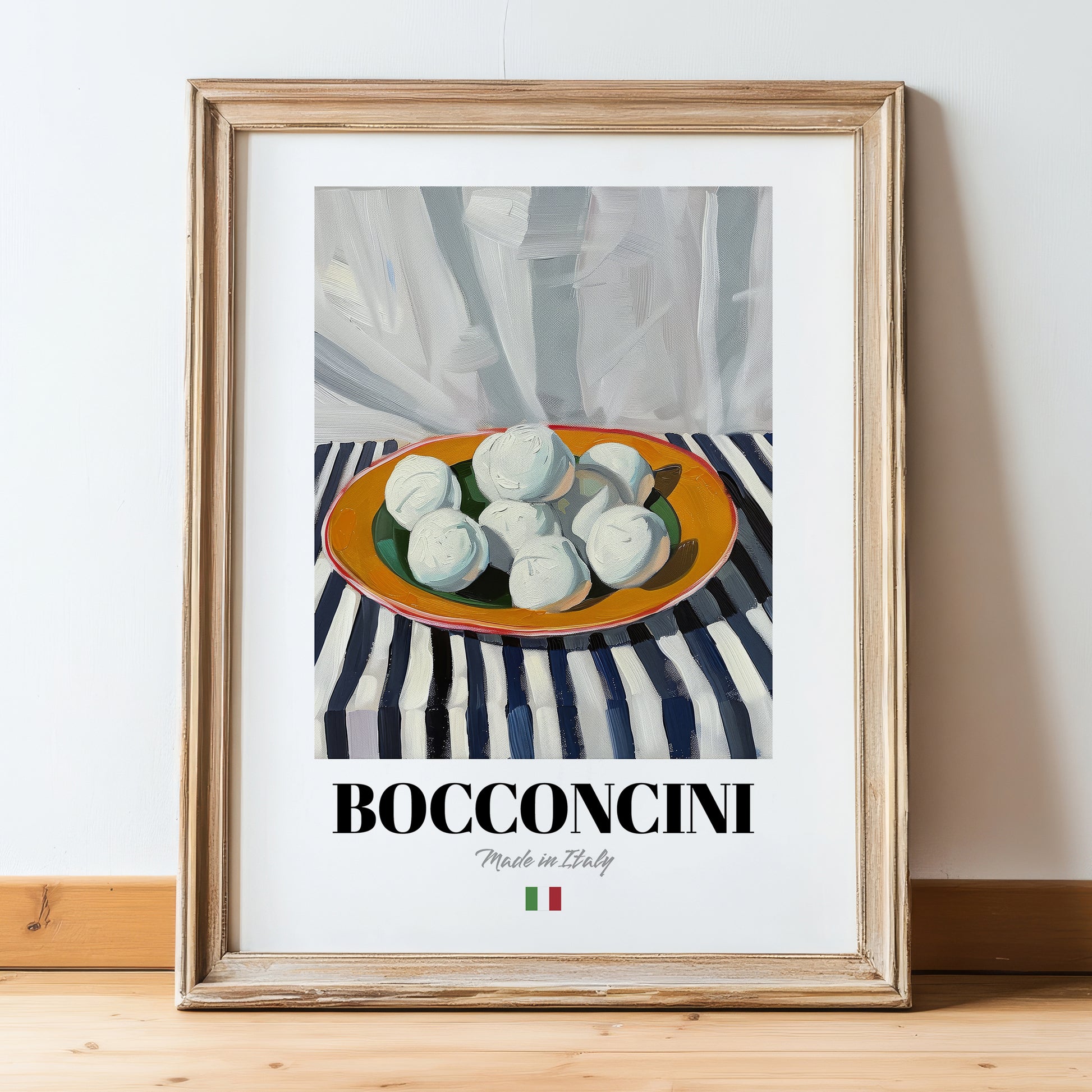 Bocconcini – Italian Cheese Dish, Tavern Poster, in wooden frame leaning on the floor